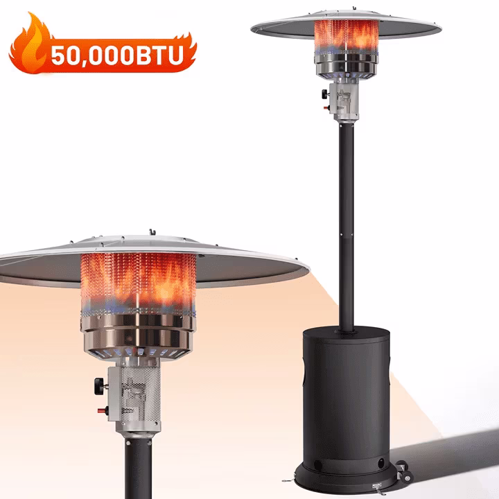 50000 BTU Propane Patio Heater with Overheating Protection System, Outdoor Heater with 20' Heating Radius and Wheels, Stainless Steel Flame Heater, Black