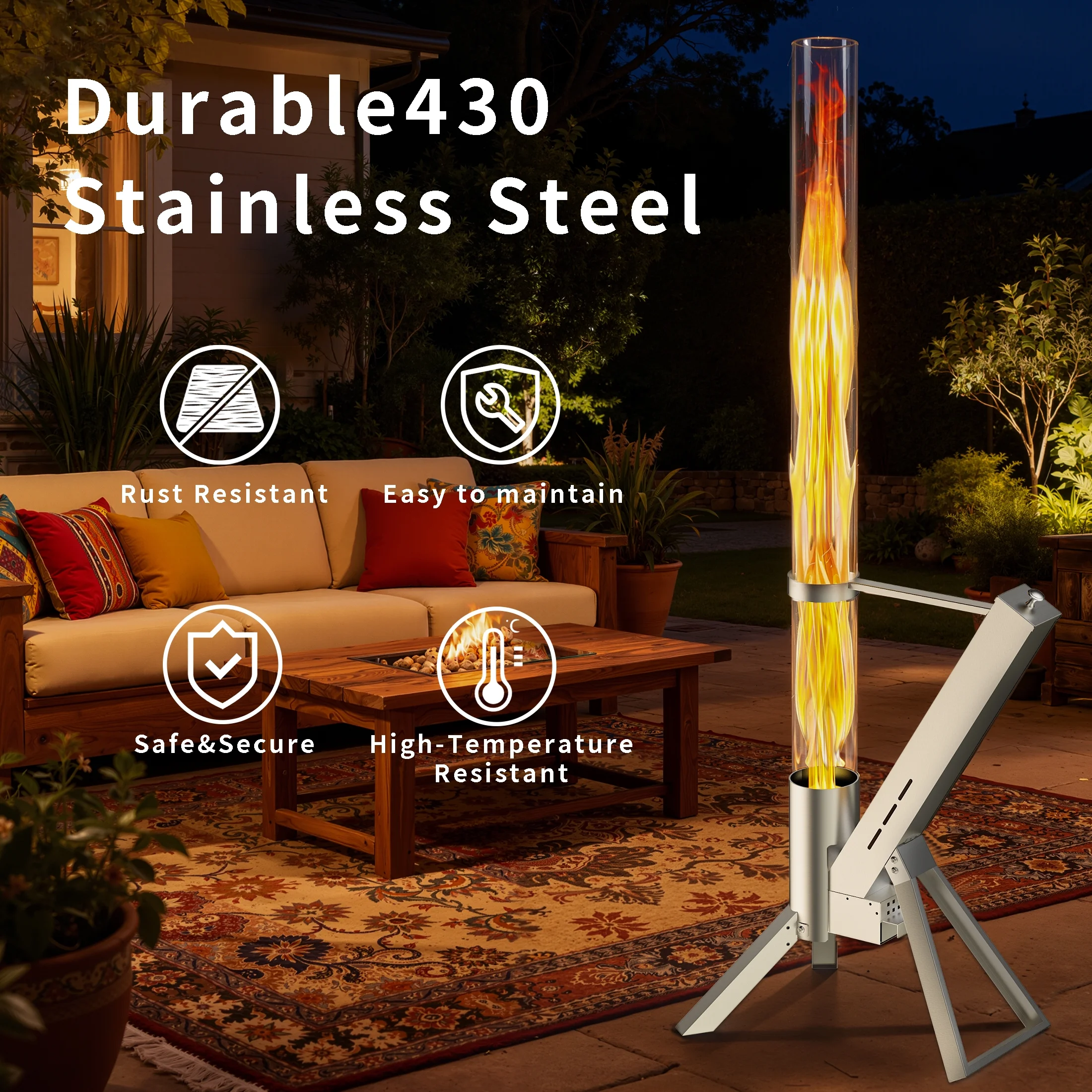 Enyopro 2 Piece Outdoor Smokeless Pellet Heater, Portable 430 Stainless Steel Glass Tube, Patio Pellet Torch with Tripod, Upgraded Ashtray, Eco-Friendly Wood Heater for Backyard, Patio, Camping