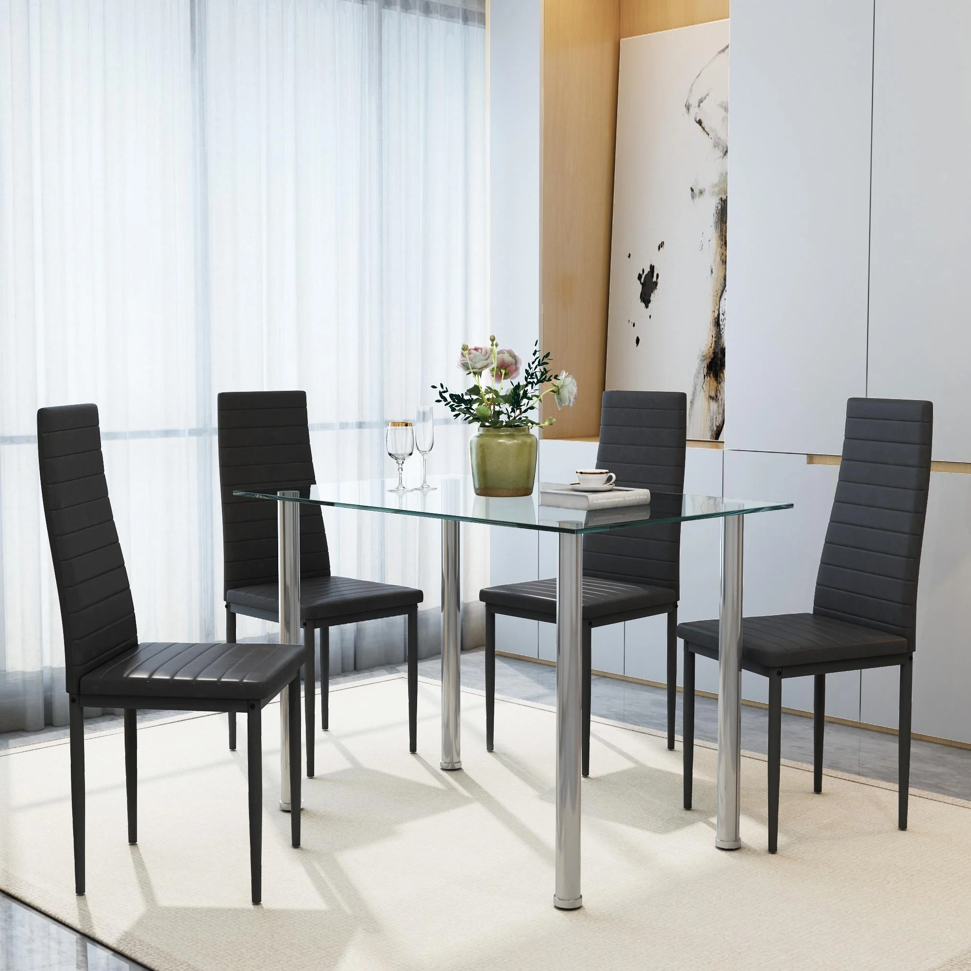 uhomepro White Kitchen Table Set, 5 Pieces Dining Table Set, Tempered Glass Dining Table and Chairs Set for 4, Upgraded Iron Dining Room Table Set with 4 PU Leather Chairs