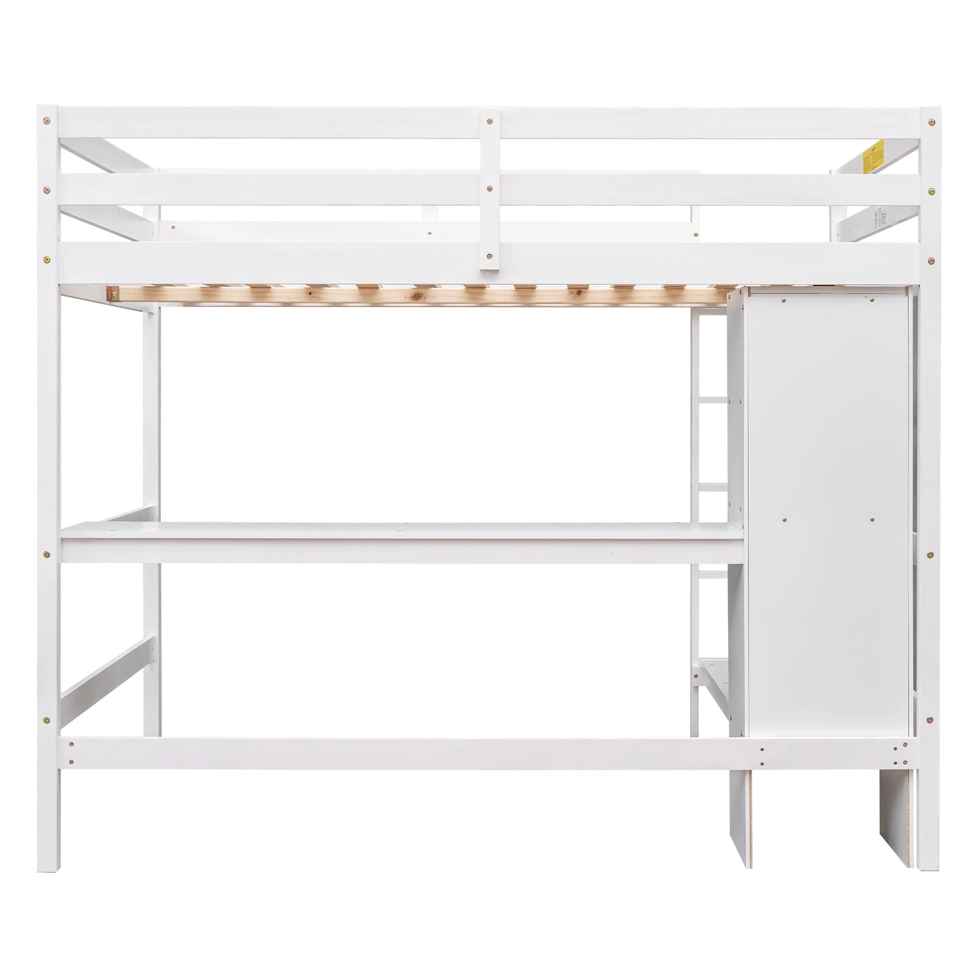 Euroco Full Size Loft Bed with Desk, Shelves and Bench for Kids Room, Solid Wood Bed with Relax Bench, White