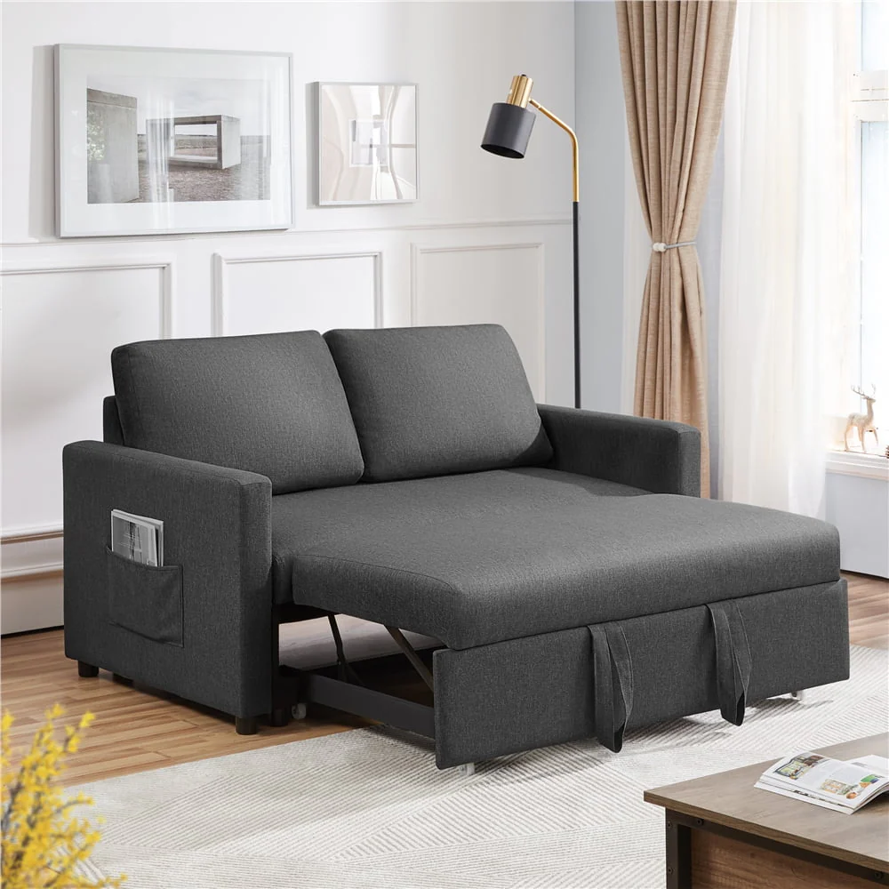 Topeakmart Convertible Sofa Bed Sleeper Sofa Trundle Loveseat with Pull-out Trundle Bed, Dark Gray
