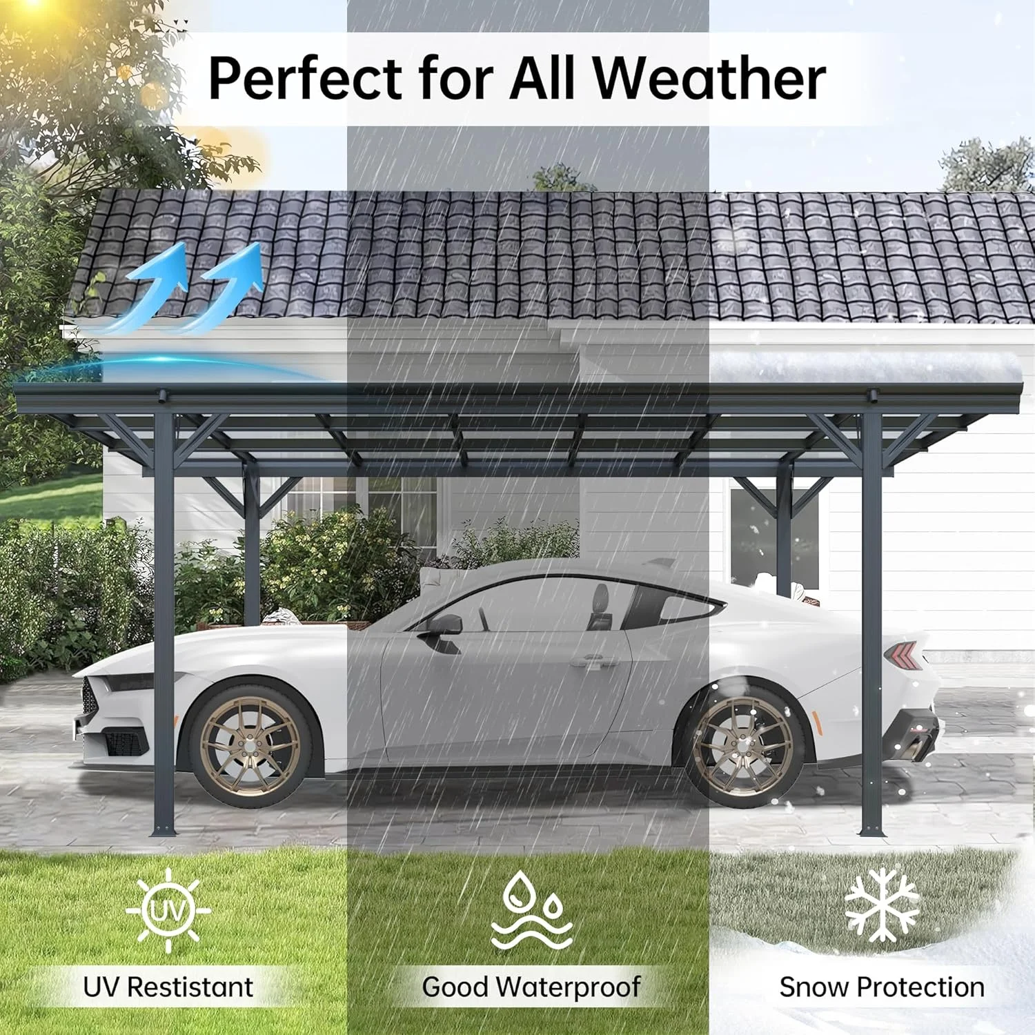 JINSEED 10 x 16ft Metal Carport with Heavy Duty Metal Frame & Pitched-Roof Polycarbonate Panel Canopy, Multi-Purpose Shelter for Car, Truck, SUV, Tractor, and Boat,Gray