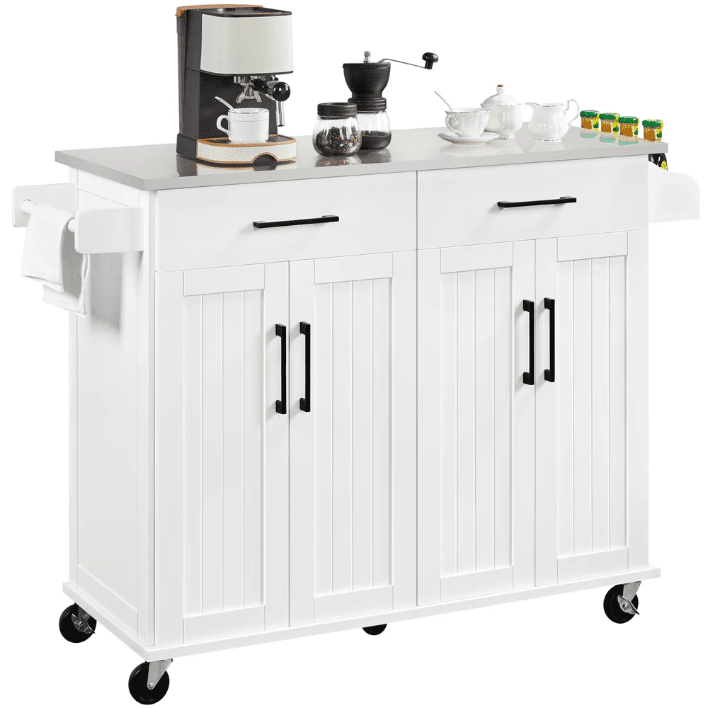 SMILE MART Large Kitchen Island on Wheels with Storage Drawers & Cabinets, White