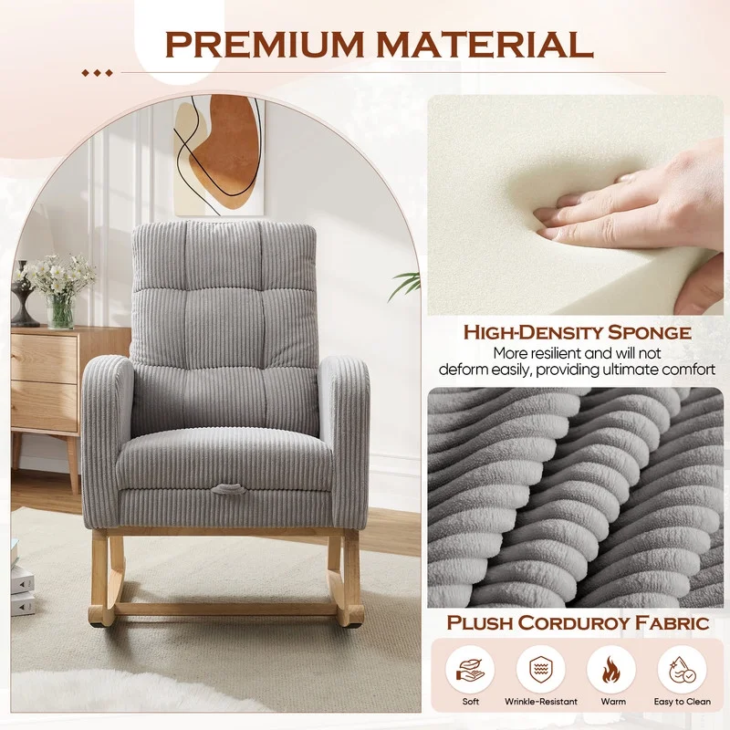 FFH Rocking Chair Nursery, Tufted Accent Rocker Chair, Upholstered Armchair with Adjustable Footrest, Side Pocket, High Backrest, Padded Seat, Polyester Blend (Retro, Dark Gray)