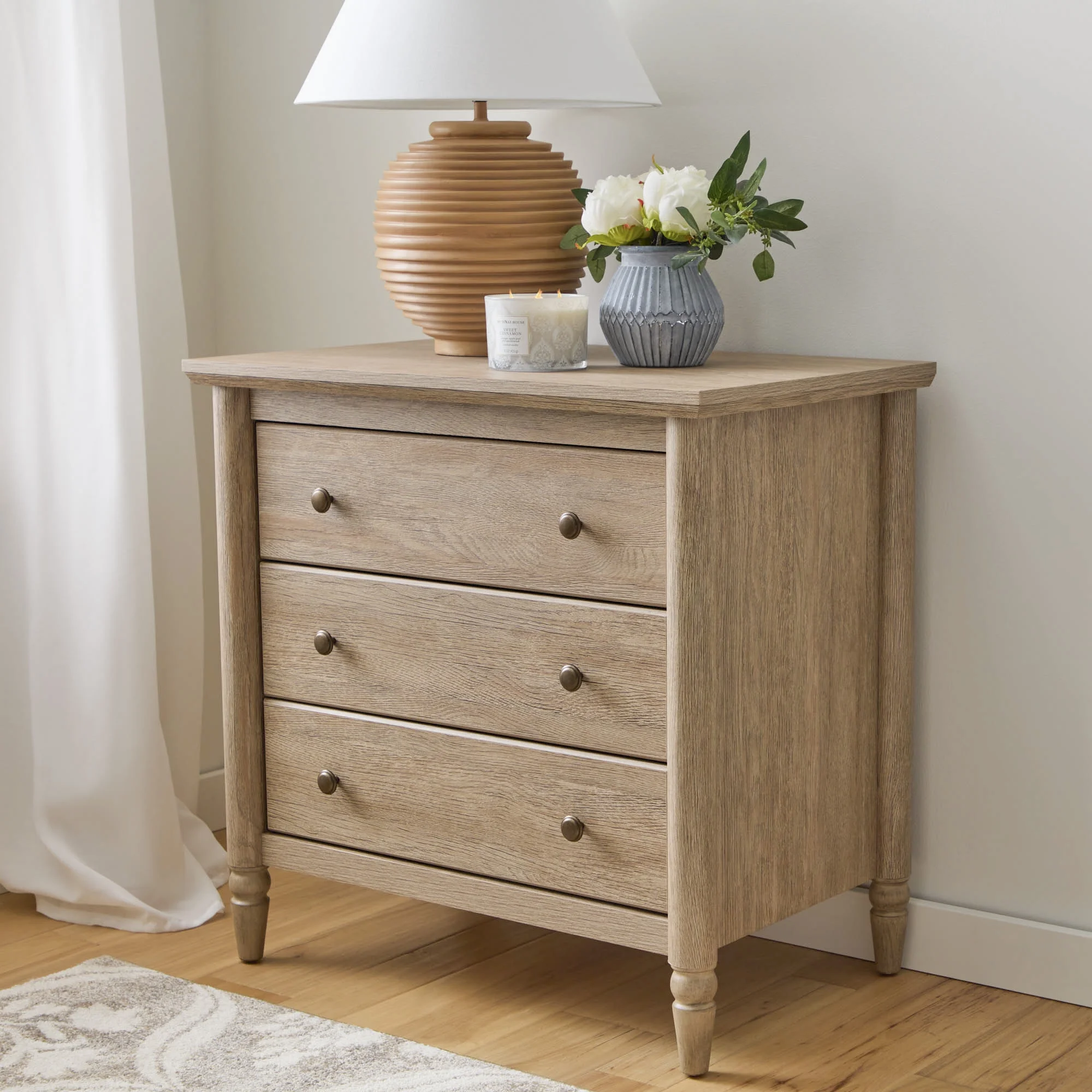 My Texas House Monroe 3 Drawer Nightstand with USB, Brushed Oak Finish