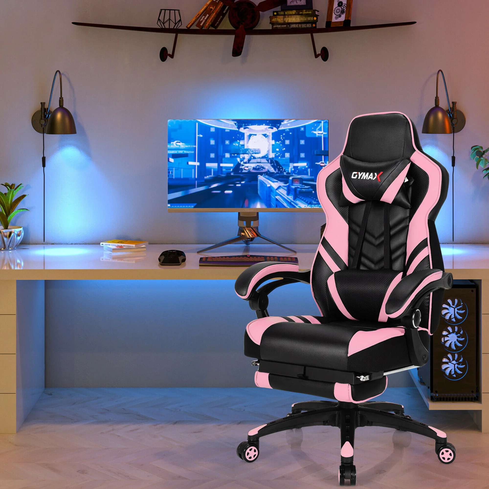 Gymax Office Computer Desk Chair Gaming Chair Adjustable Swivel w/Footrest Pink