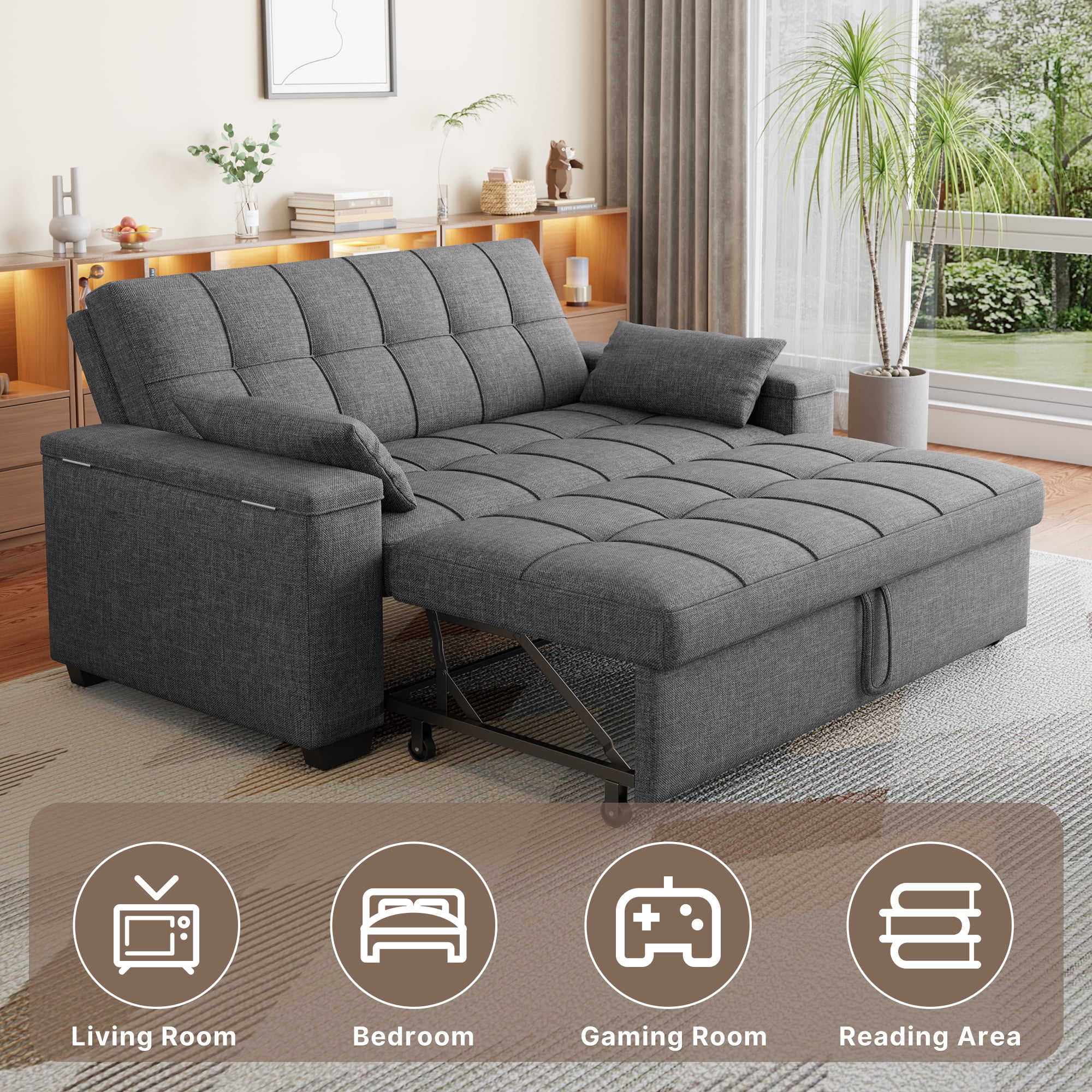 Sofa Bed, Lofka 3 in 1 Convertible Couch Bed with Storage Armrest and Adjustable Backrest for Living Room, Dark Gray