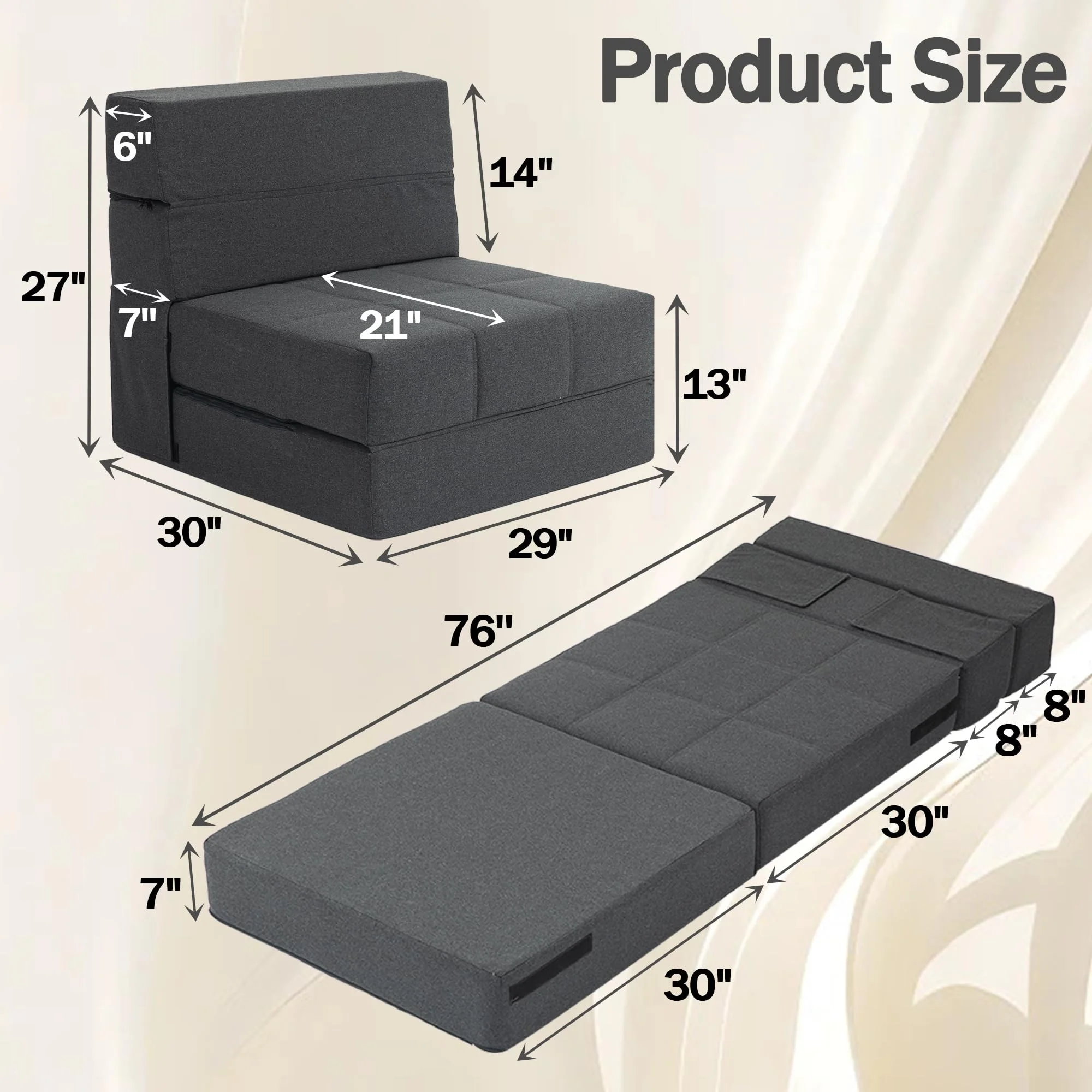 Folding Sofa Bed, 7 inch Memory Foam Floor Couch, Convertible Sleeper Foldable Mattress Futon Sofa for Living Room/Home Office/Guest Beds/Apartment/Upstairs Loft, Dark Gray, Single