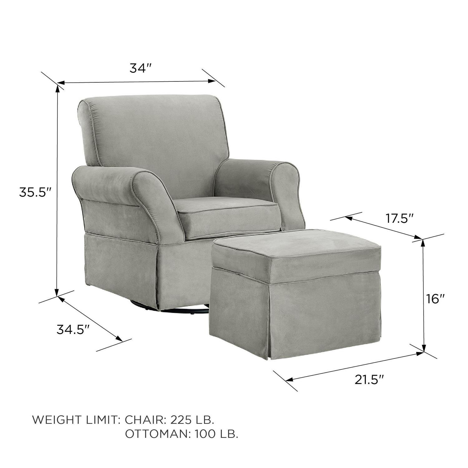 Baby Relax Kelcie Swivel Glider Chair & Ottoman Nursery Set. Gray Microfiber