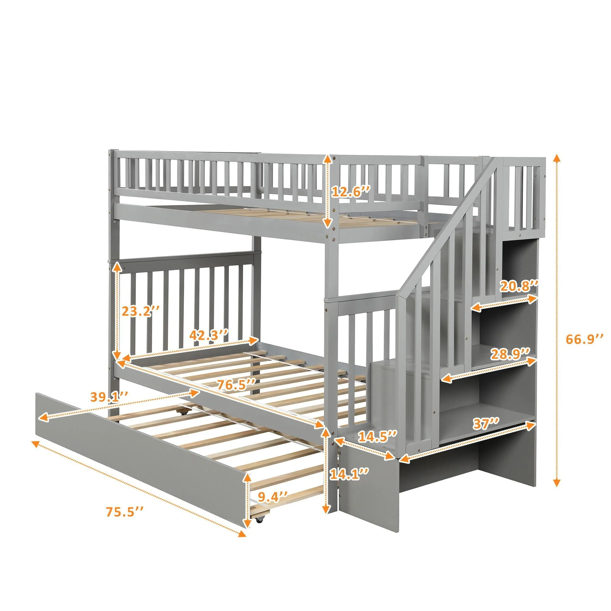 Bunk Bed, Twin Over Twin Wood Bunk Beds with Trundle and Storage, Converted to 2 Twin Beds Frame with Ladder and Stairs for Kids Adults, Saving Space, Gray