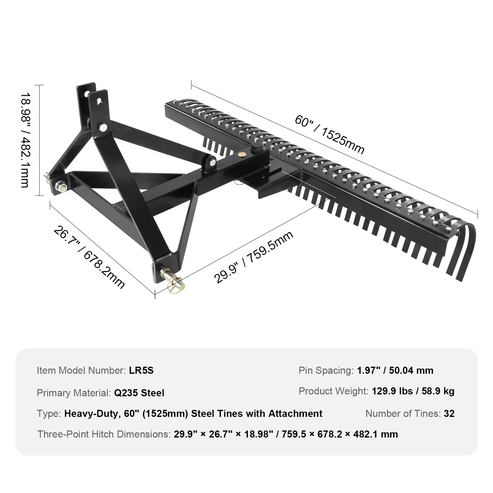 KFFKFF 3-Point Landscape Rake, 60
