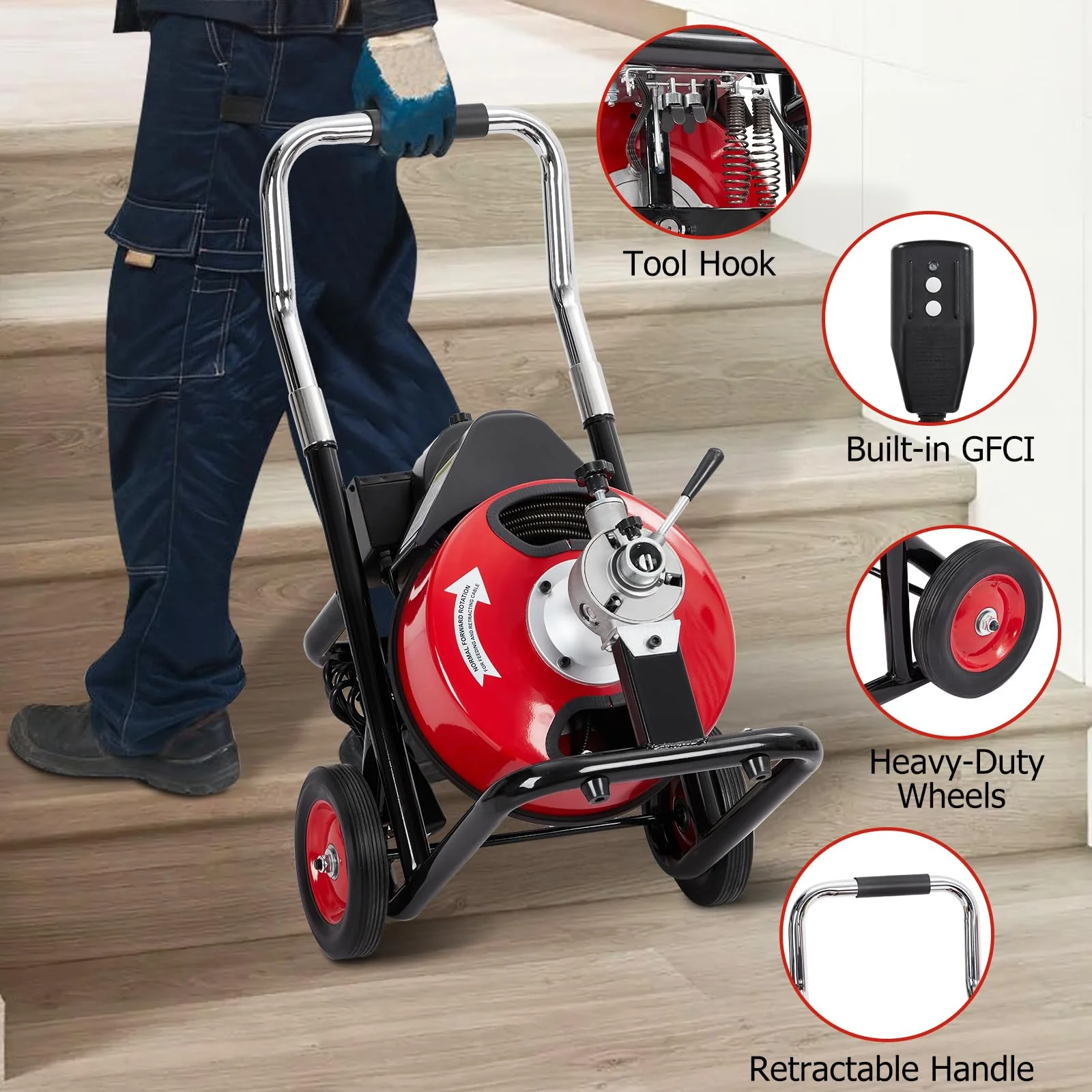 Electric Drain Cleaning Machine , Powerful Electric Auger, Sewer Snake with 4 Cutters, Air-Activated Foot Switch, and Wheels