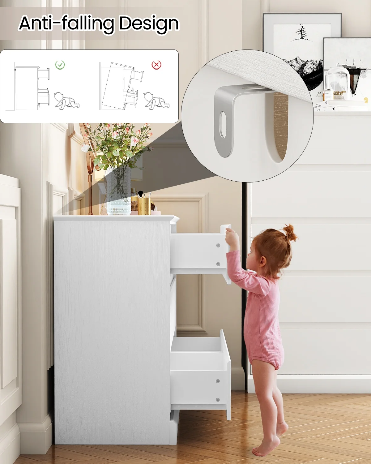 White Dressers Bedroom Dresser 6 Drawer Storage Chest of Drawers Double Dresser Storage Side Cabinet Room Furniture for Bedroom Living Room