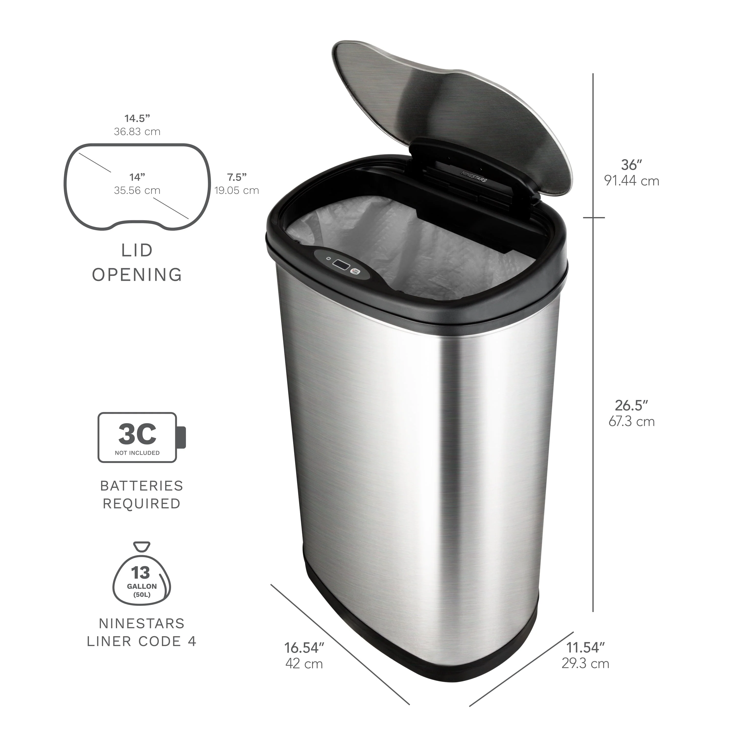 Nine Stars 13.2 Gallon Trash Can, Motion Sensor Kitchen Trash Can, Stainless Steel