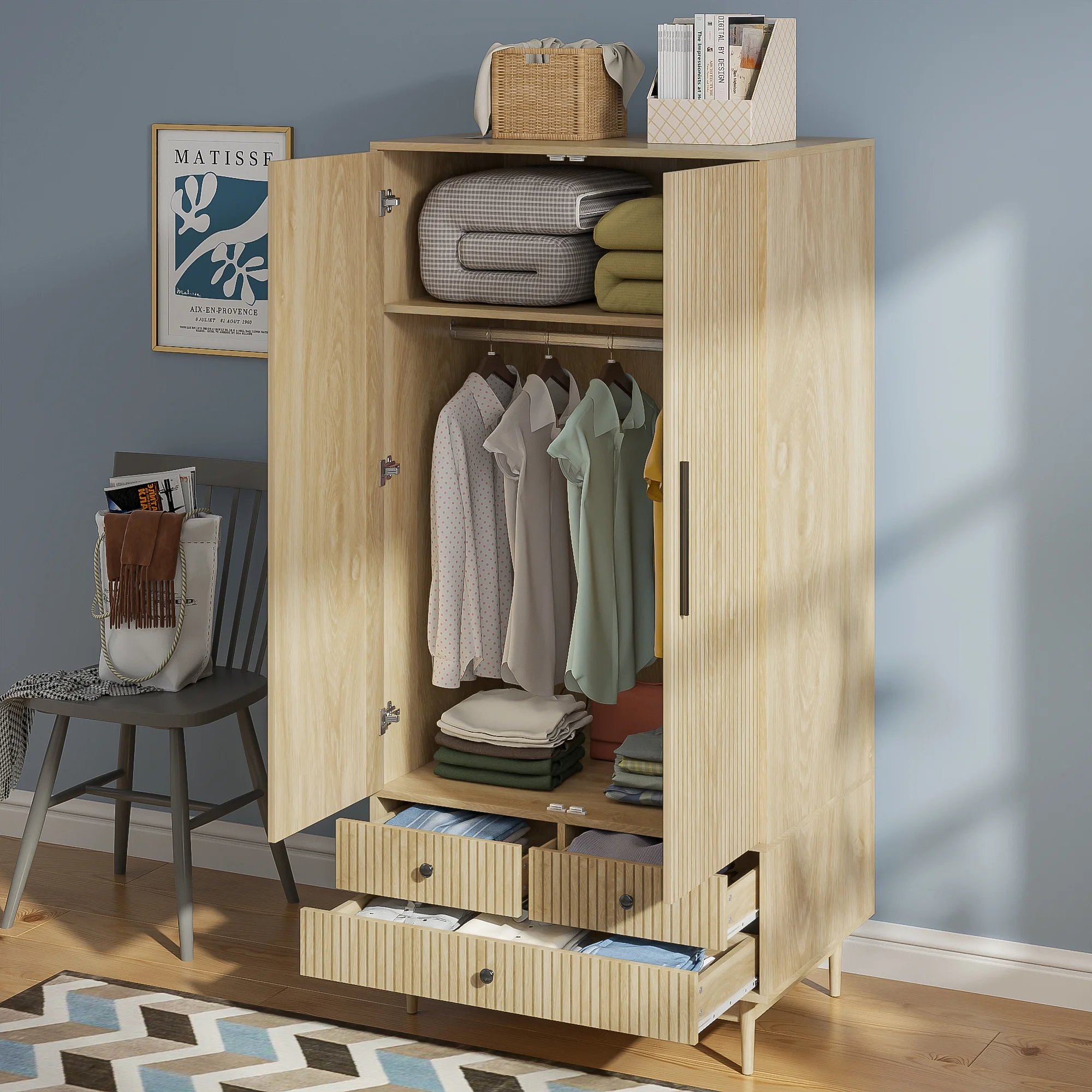 Armoire Wardrobe Closet, Closet Wardrobe Cabinet with Drawers and Hanging Rail for Bedroom, White