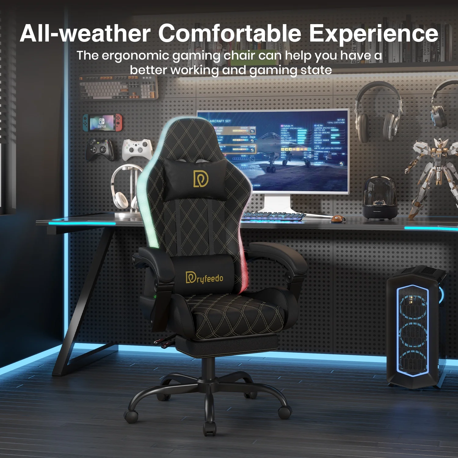 Dryfeedo Gaming Chair with LED Lights, Ergonomic Computer Chair with Lumbar Support, Adjustable Headrest & Footrest, Green