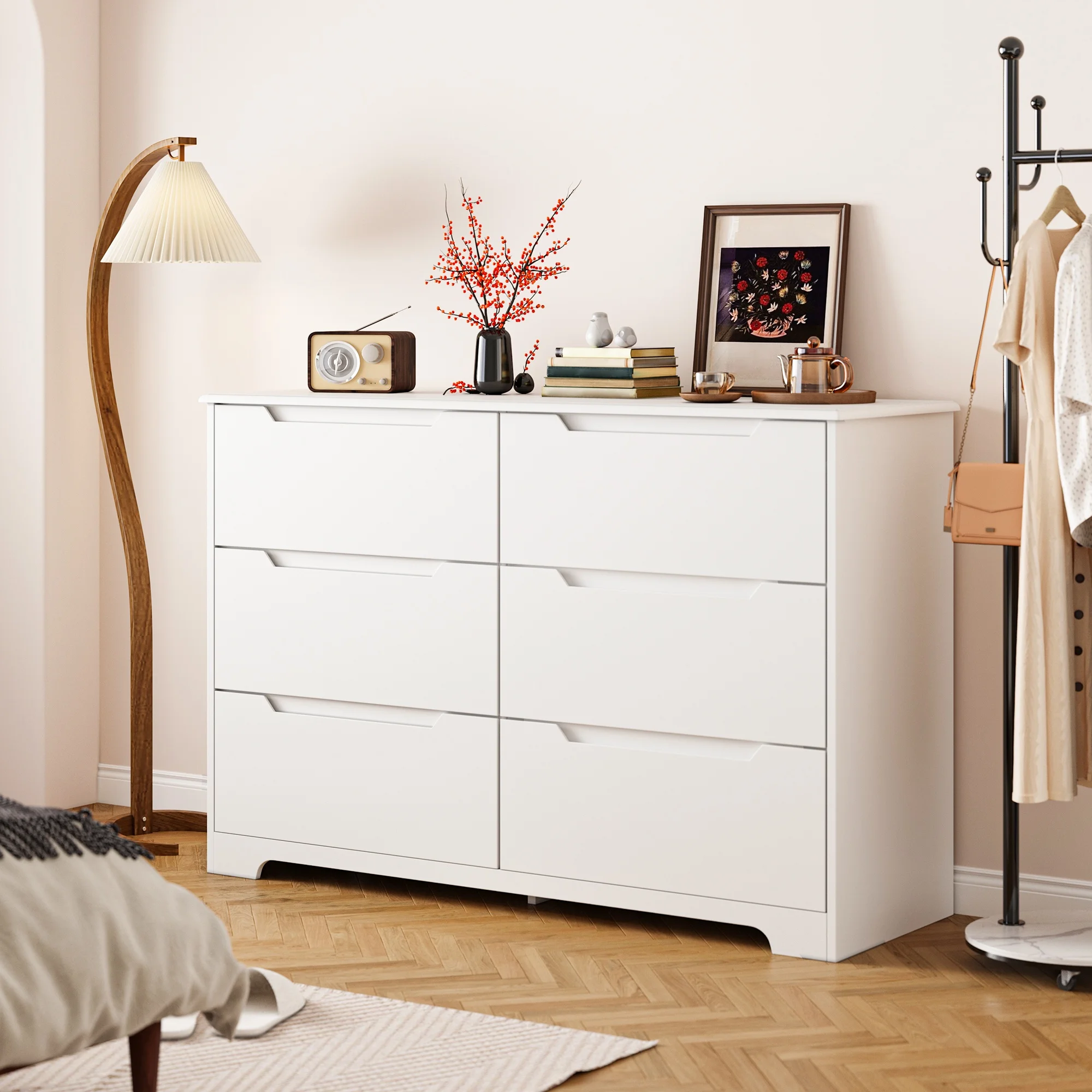 Dresser for Bedroom, Lofka 6 Drawer Double Dresser with Cutout Handles, Large Storage Capacity, Anti-Tip Safety, Modern Wood Chest of Drawers, Smooth Metal Rail, White