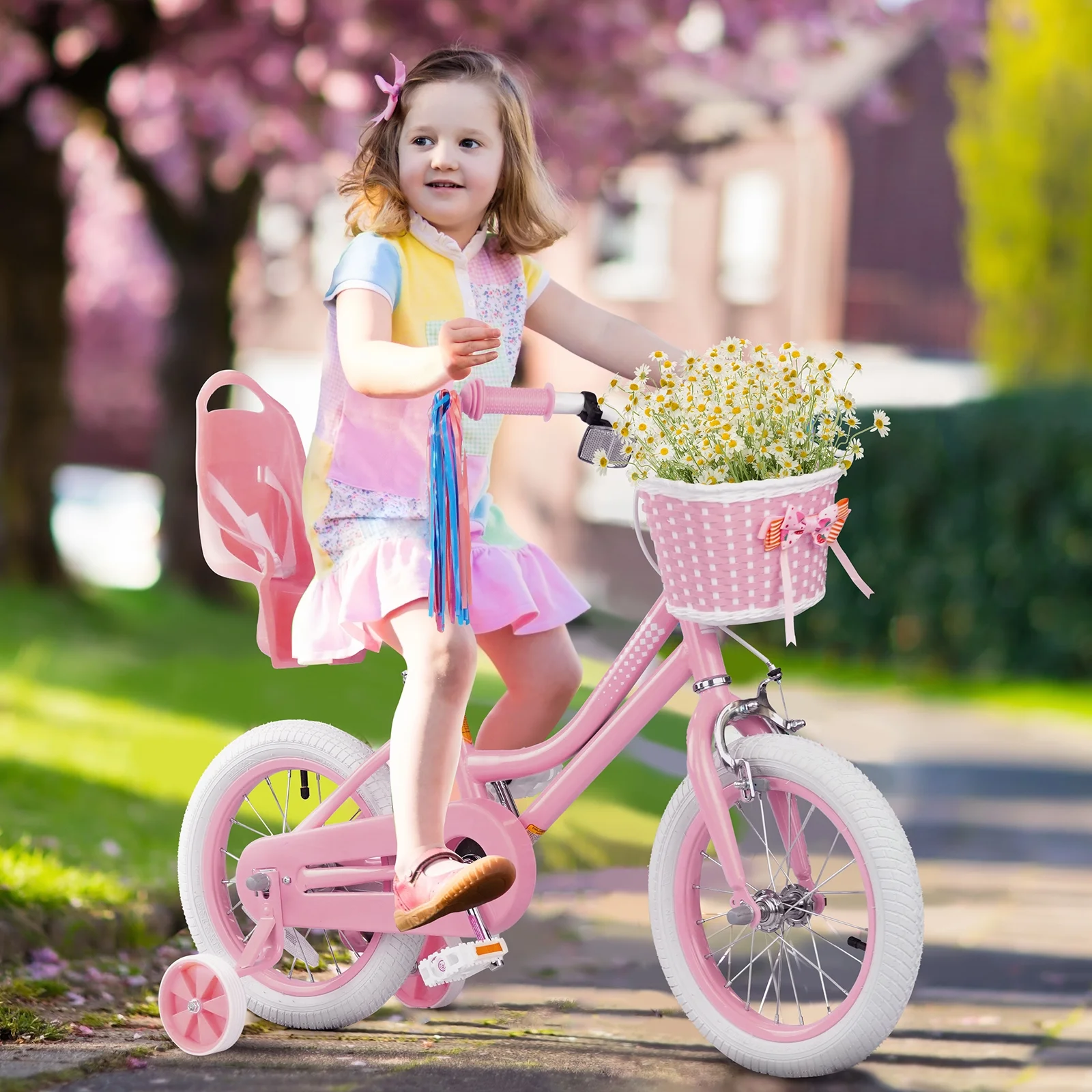 XJD Girls Bike for Toddlers 3-9 Years Old Kids, 14 Inch Kids Bike with Training Wheels, Streamers, Basket and Doll Seat, Children Bicycles with Handbrake