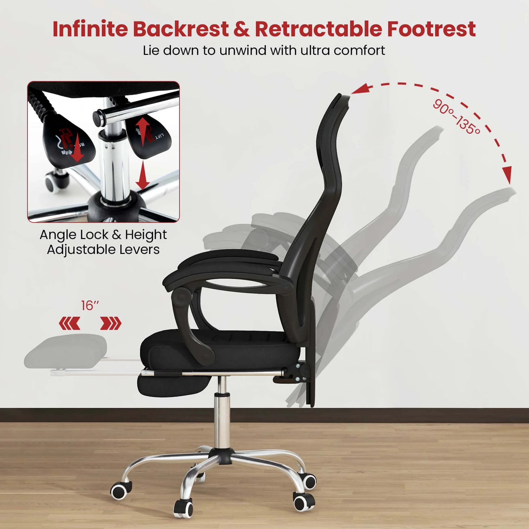 Costway Ergonomic Mesh Office Chair with Footrest Height-Adjustable & Tilting Backrest