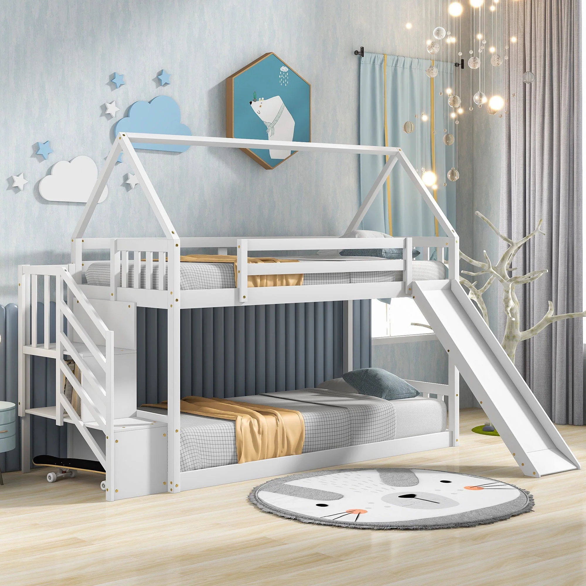 Low Bunk Bed with Slide and Stairs, Wood Twin Over Twin House Bunk Beds for Kids, Floor Bunk Bed with Stairway Easy Assembly (White)