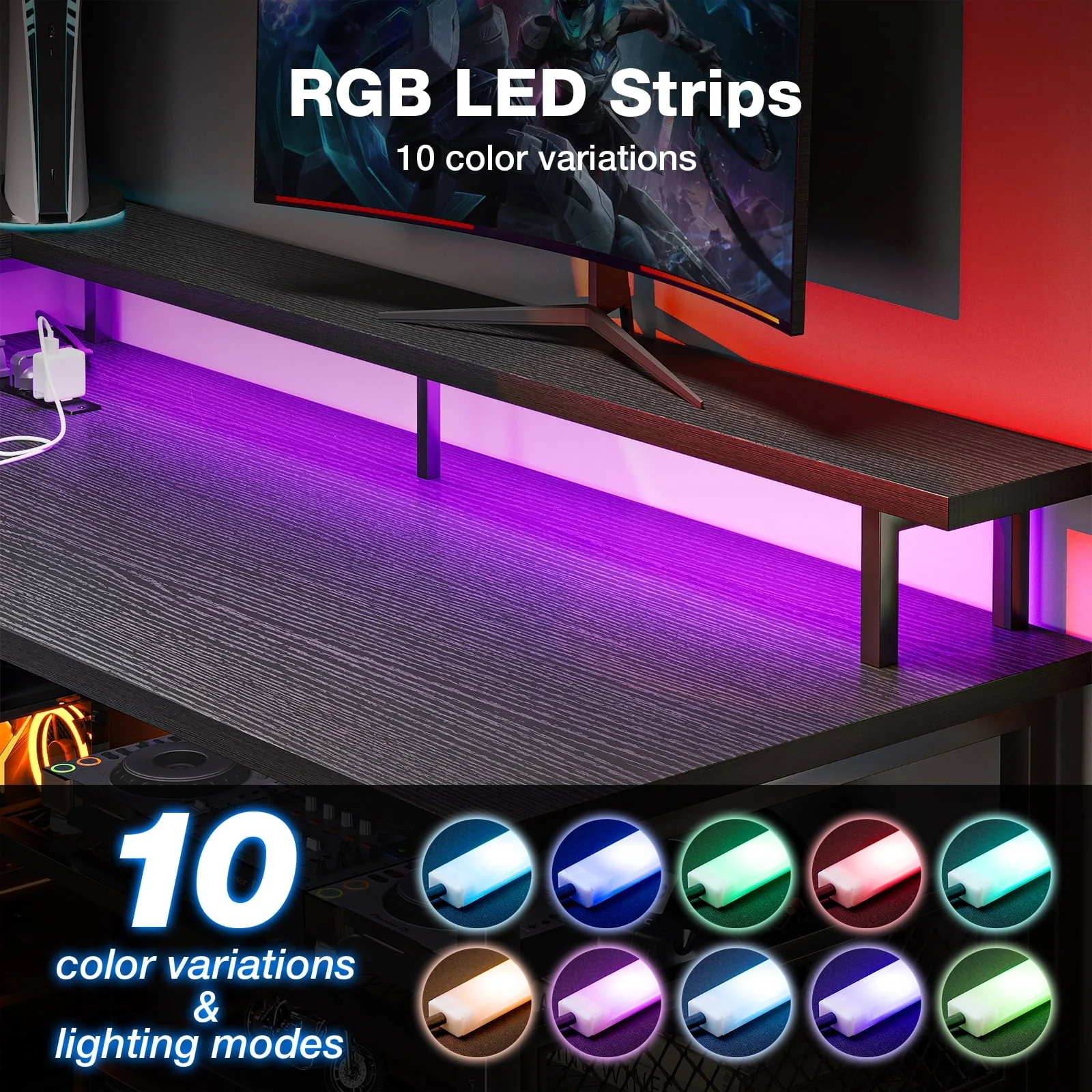 Reversible 59 inch L Shaped Computer Desk with LED Lights & Power Outlet,  Gaming Table with Full Monitor Stand, Corner Desk with Storage Shelves, Black