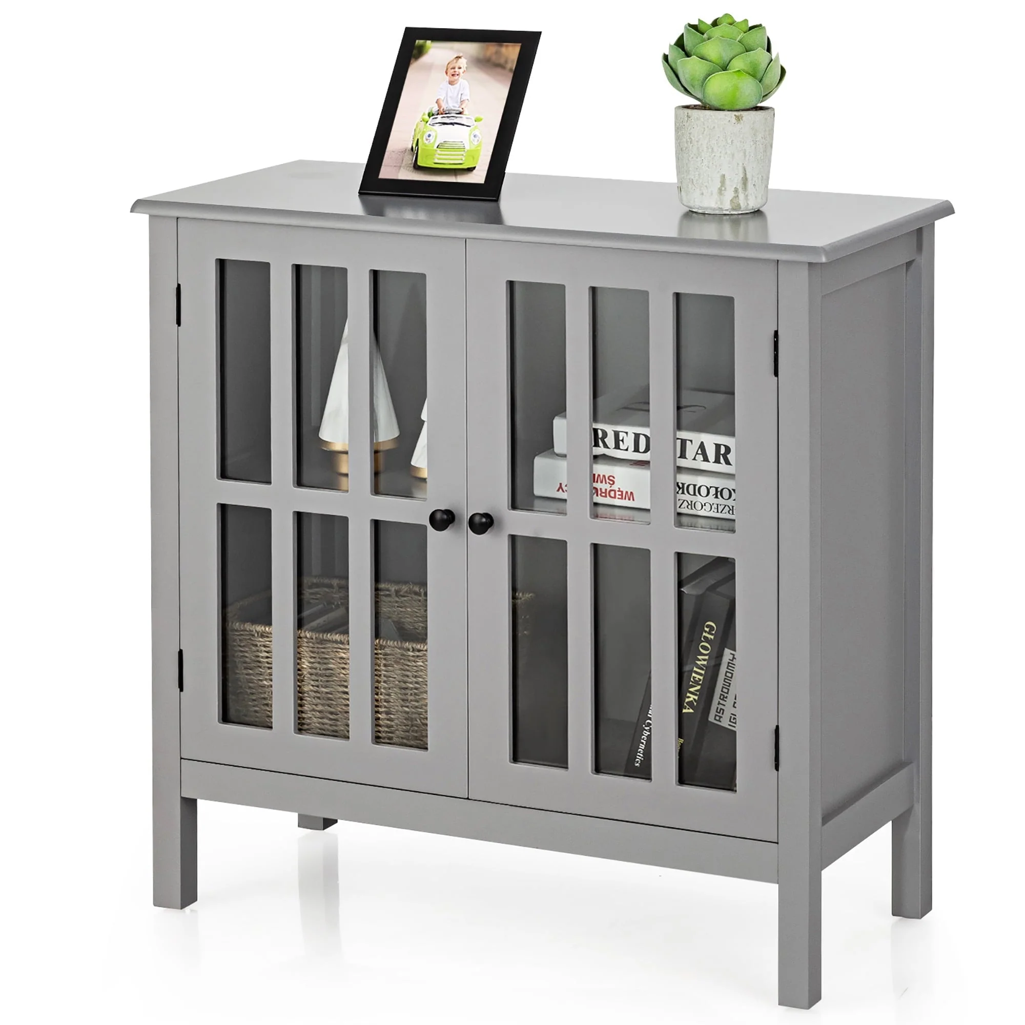 Costway Storage Buffet Cabinet Glass Door Sideboard Console Table Server Gray