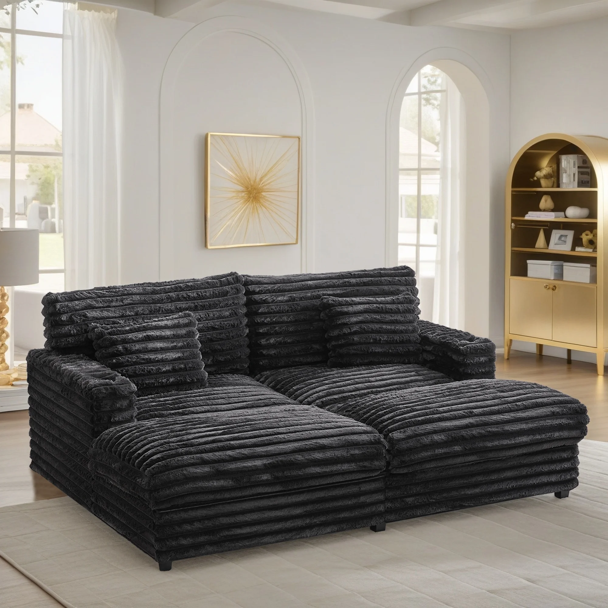 Oversized Double Chaise Lounge, Faux Fur Upholstered Deep Seat Sofa with 2 Pillows, 2 Cupholders, and Dual USB Ports
