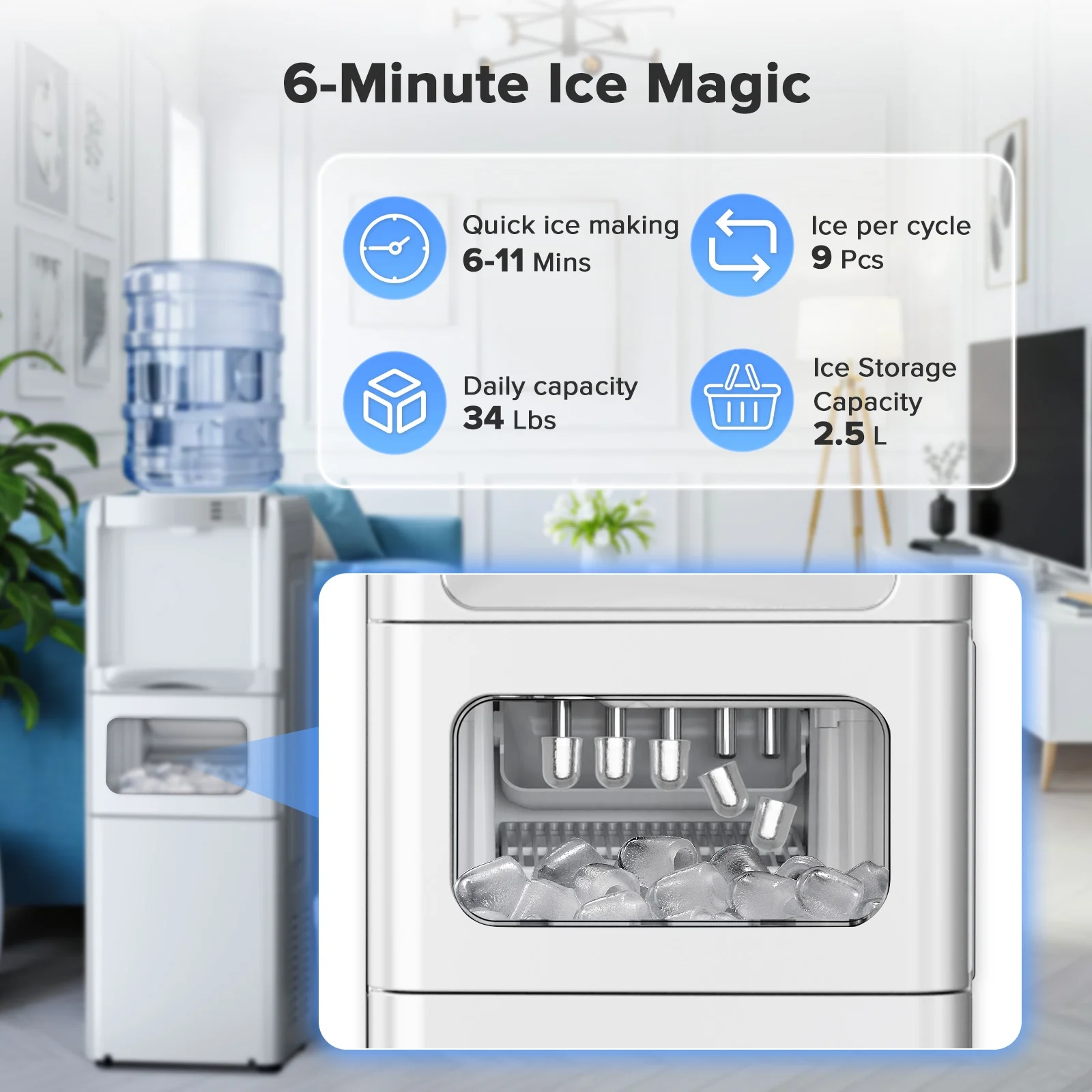 LHRIVER 2-5 Gallon Water Dispenser & 6-Min Ice Maker, 3-in-1 Hot/Cold/Ice, Child Lock & Energy-efficient, for Home/Office, Black