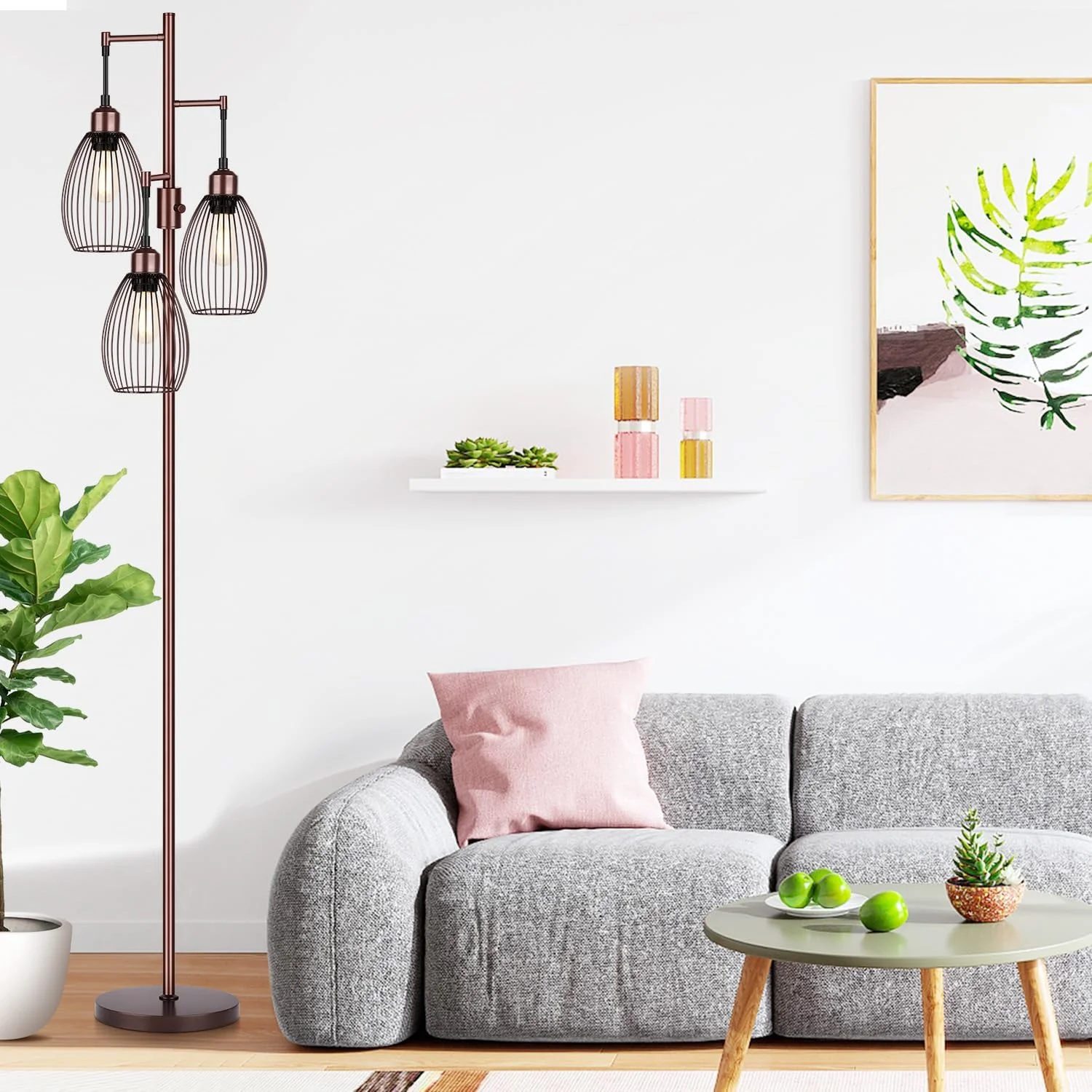 Dimmable Floor Lamp, 3 x 800LM LED Edison Bulbs Included, Farmhouse Industrial Floor Lamp Standing Tree Lamp with Elegant Teardrop Cage Tall Lamps for Living Room Bedroom Office Dining Room