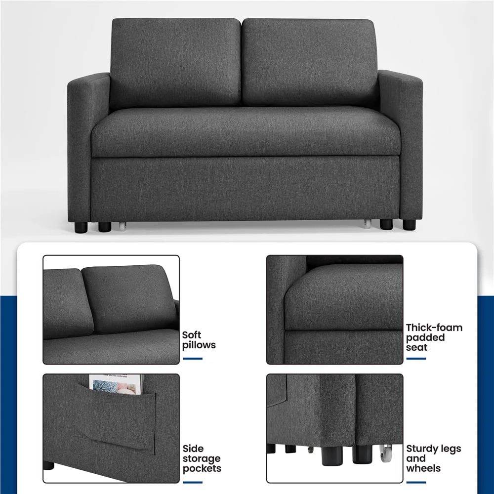 Topeakmart Convertible Sofa Bed Sleeper Sofa Trundle Loveseat with Pull-out Trundle Bed, Dark Gray