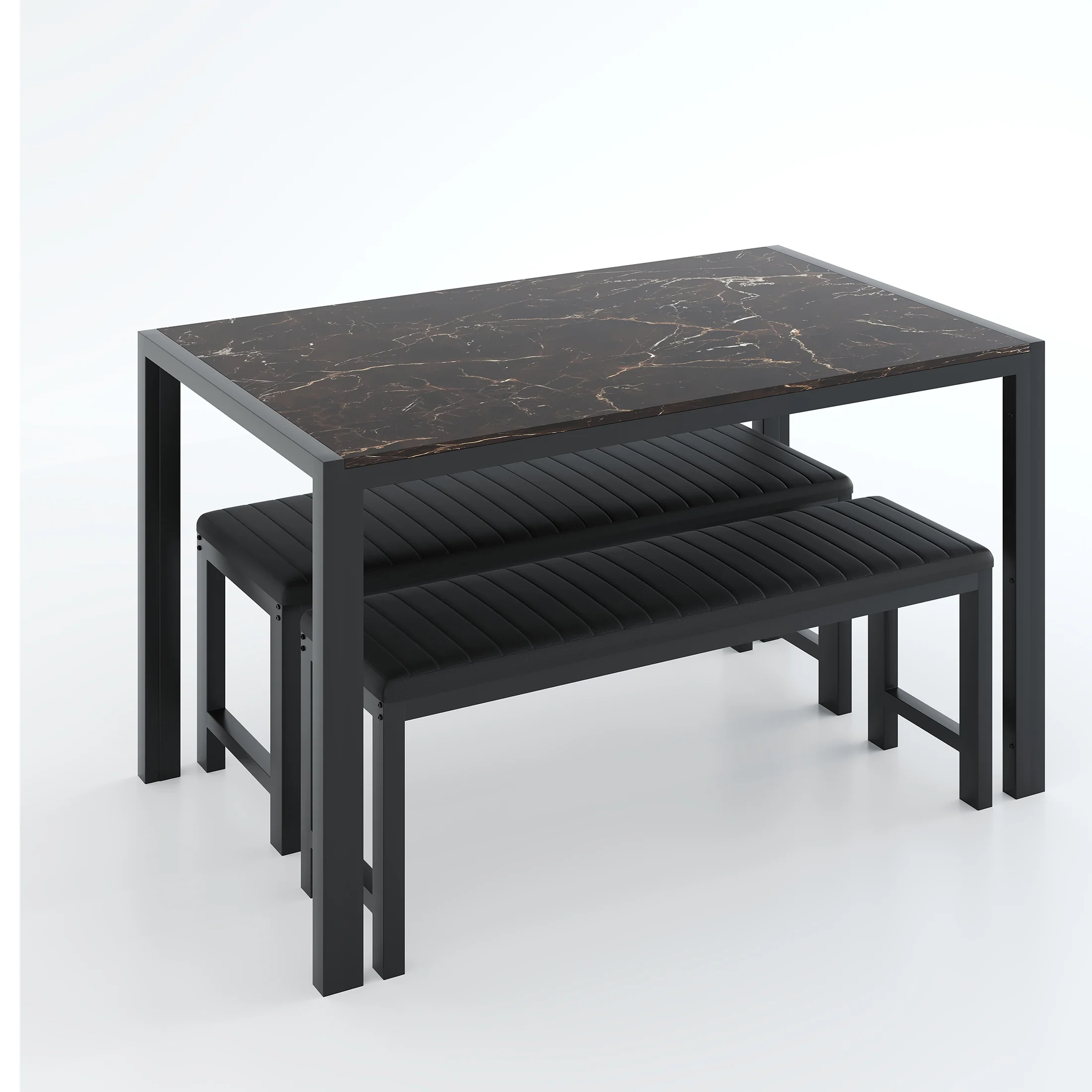 UHOMEPRO Dining Room Table Set, 3-Piece Dining Table Set with 2 Benches, Kitchen Table Set for 4 with Metal Frame, Modern Dining Room Set Furniture Set for Bar Dining Room Breakfast Nook, Black
