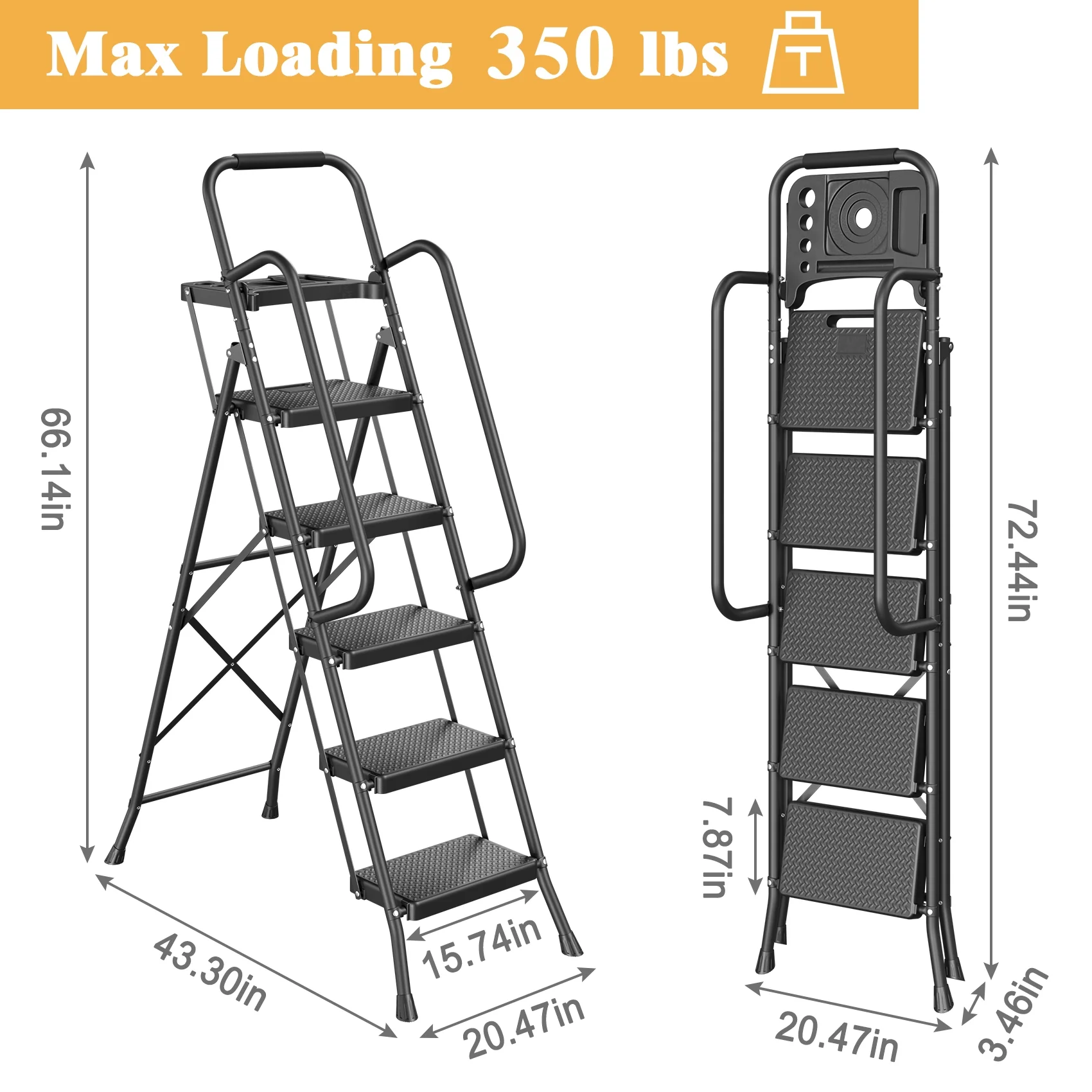 JOZ 5-Step Ladder, 350lbs Portable Folding Ladders for Home, with Handrails and Tool Tray and Anti-Slip Pedal, Black