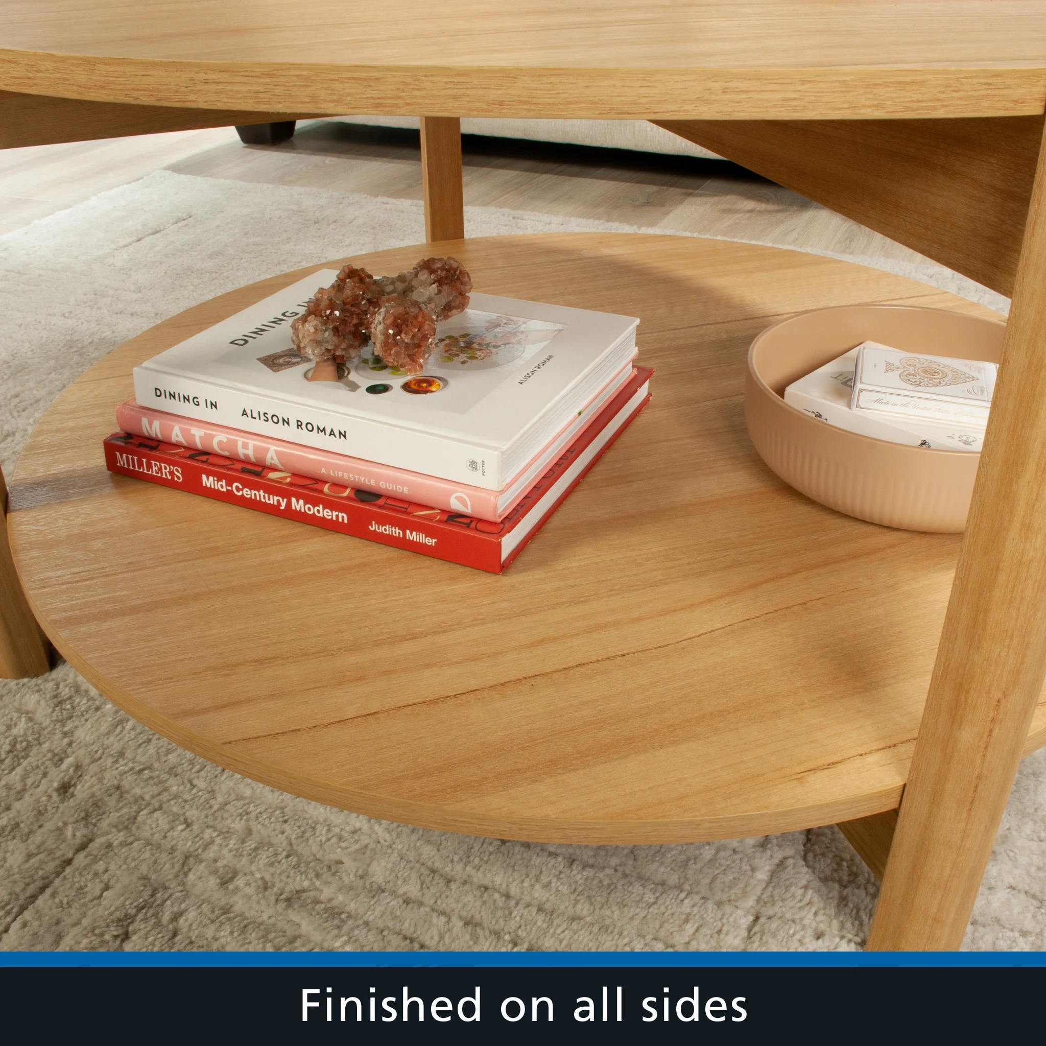 Mainstays Round Modern Dowel Coffee Table, Natural Teak Finish