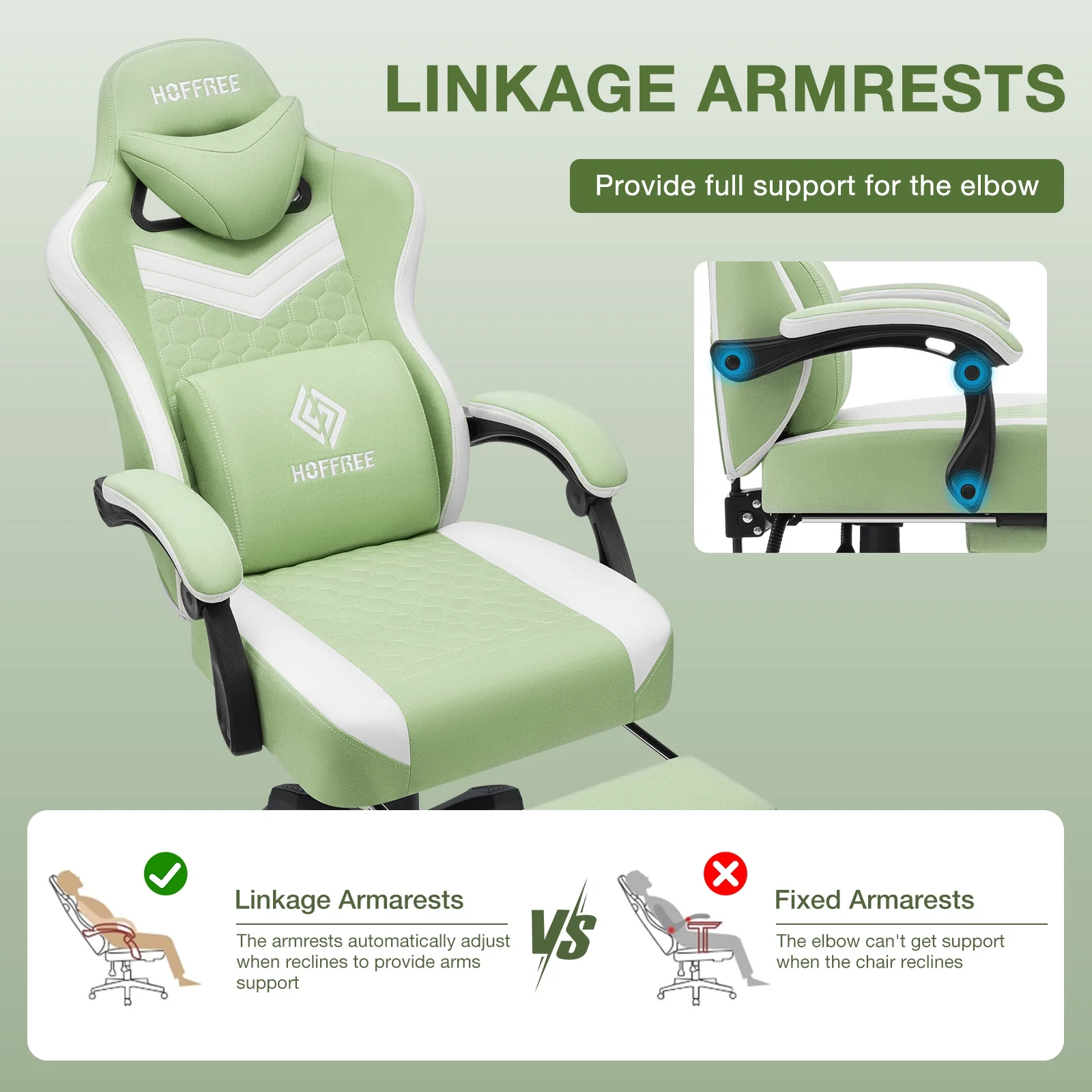 Hoffree Gaming Chair with Speakers Fabric Gamer Chair with footrest and massage Big and Tall Video Game Chair with Headrest and Lumbar Support for Adults