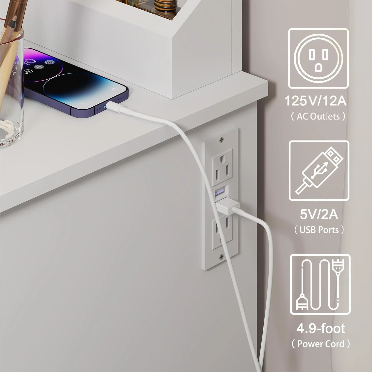 Furnibear Vanity Desk Set with Mirror and Light, Makeup Table with 2 Drawers and Cabinet, Power Outlet and 3 Color Modes Brightness Adjustable