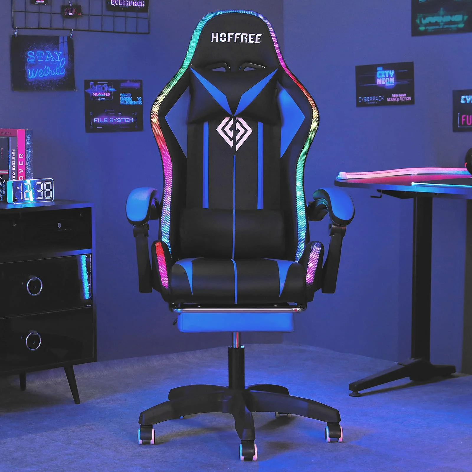 RGB Gaming Chair with Speakers Massage Computer Gaming Chair with LED Lights and Footrest High Back Video Game Chair for Adults Blue and Black