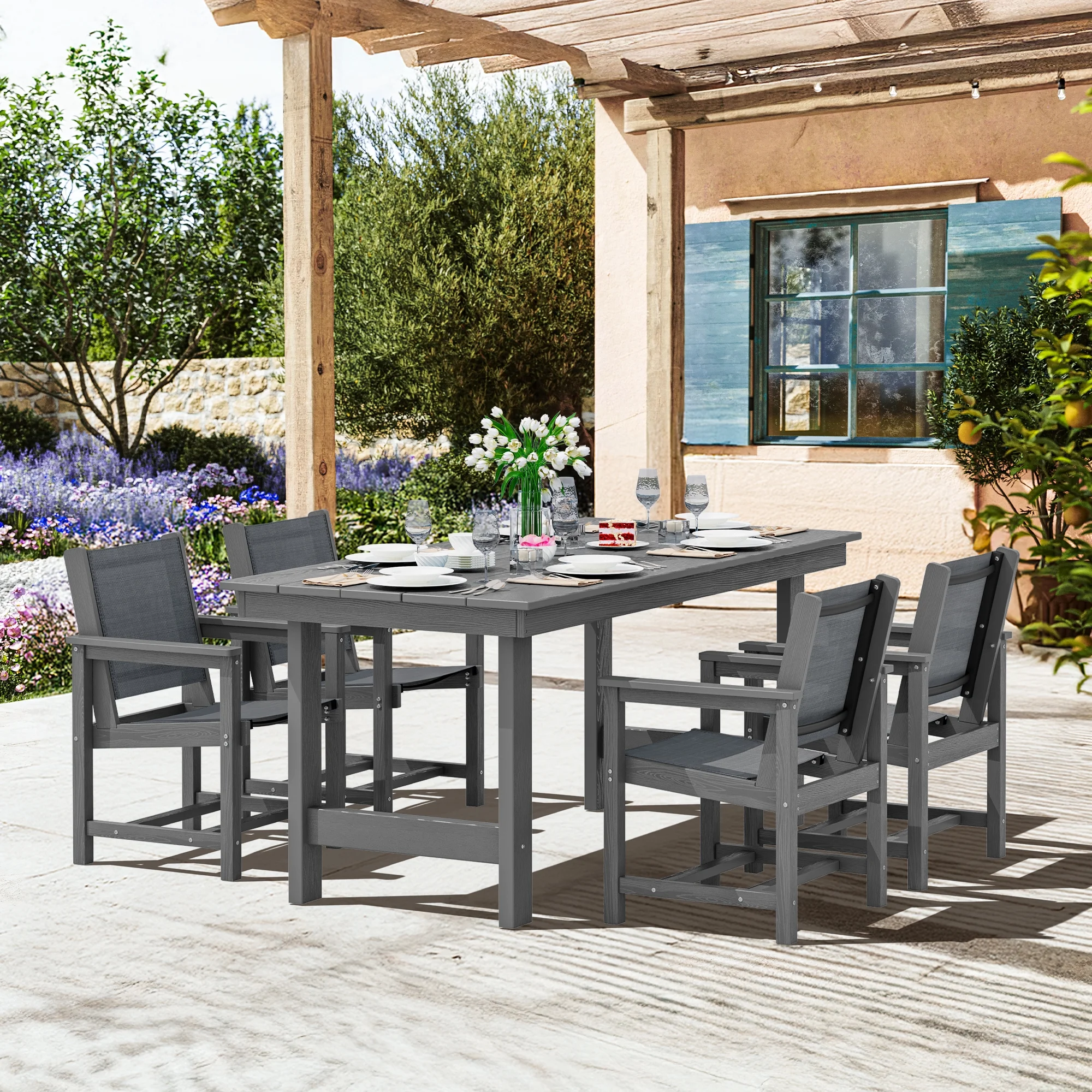 SERWALL Outdoor HDPE Dining Table Set, 7-Piece Outdoor Dining Table Sets with Umbrella Hole, Grey