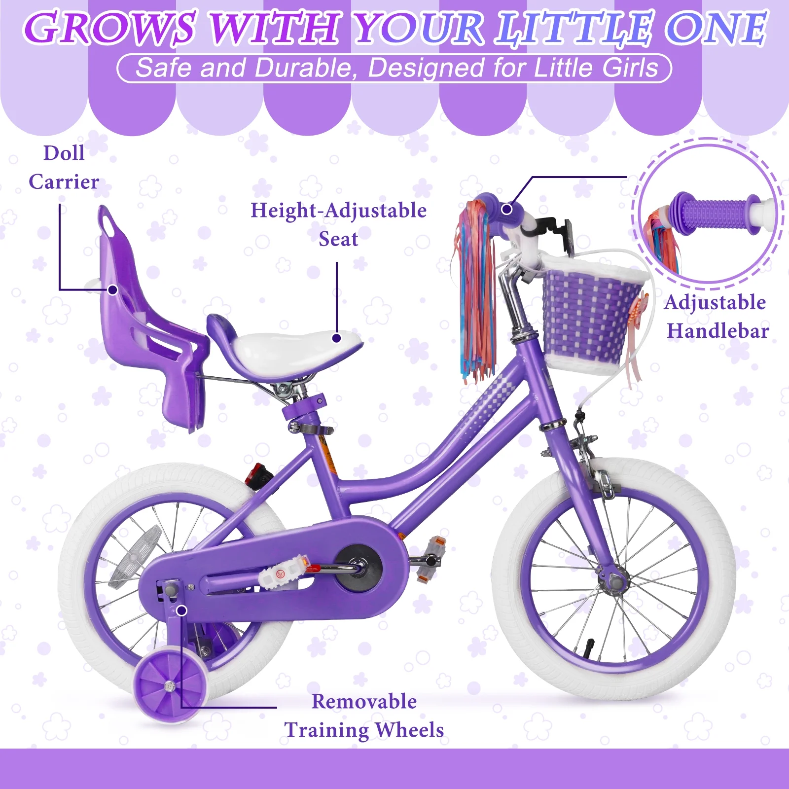 XJD Girls Bike for Toddlers 3-9 Years Old Kids, 14 Inch Kids Bike with Training Wheels, Streamers, Basket and Doll Seat, Children Bicycles with Handbrake