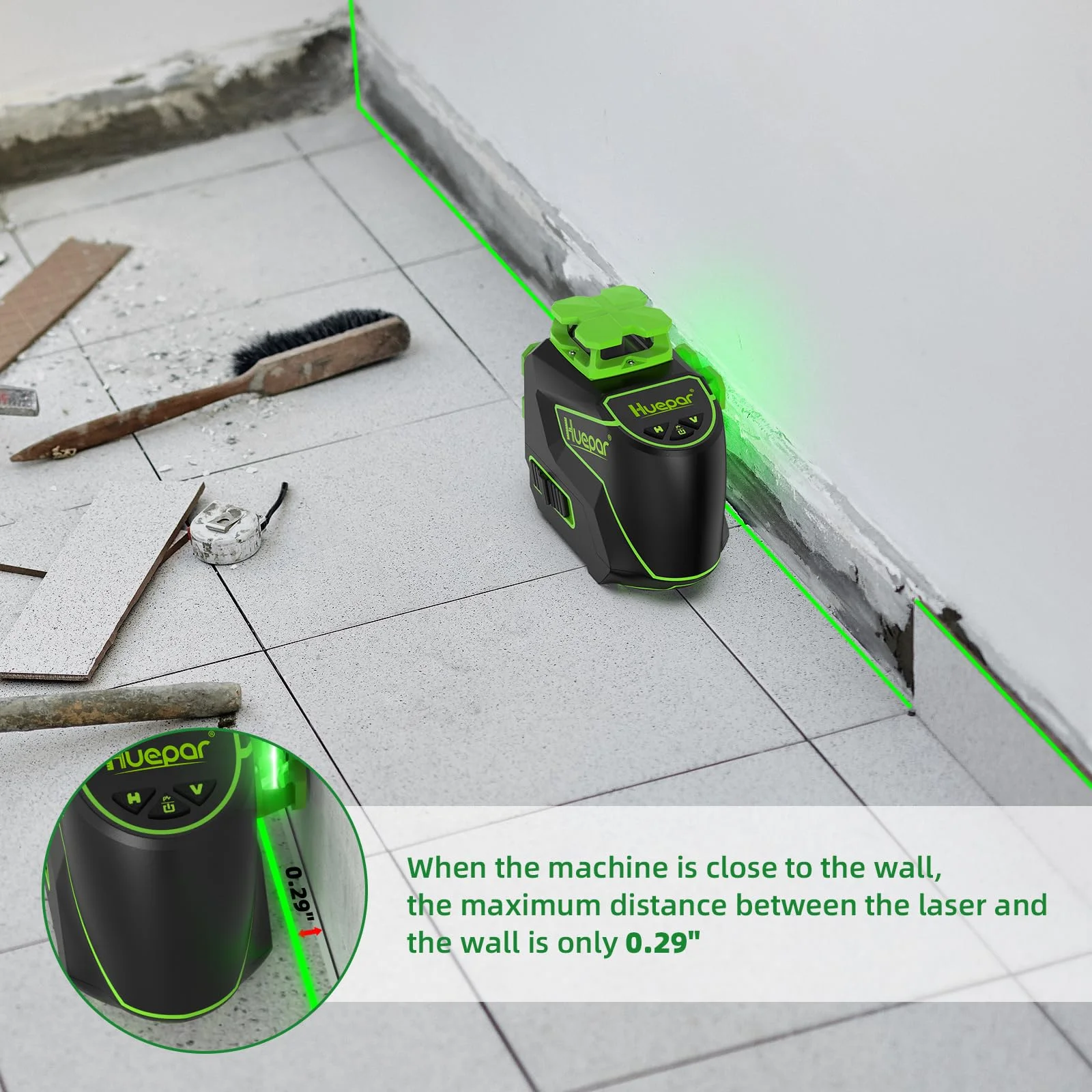 Huepar 3 x 360 Degree Cross Line Laser Level 3D Self-leveling Tiling Floor Green Beam Laser Leveler Tools with Li-ion Battery & Pivoting Base S03DG-L