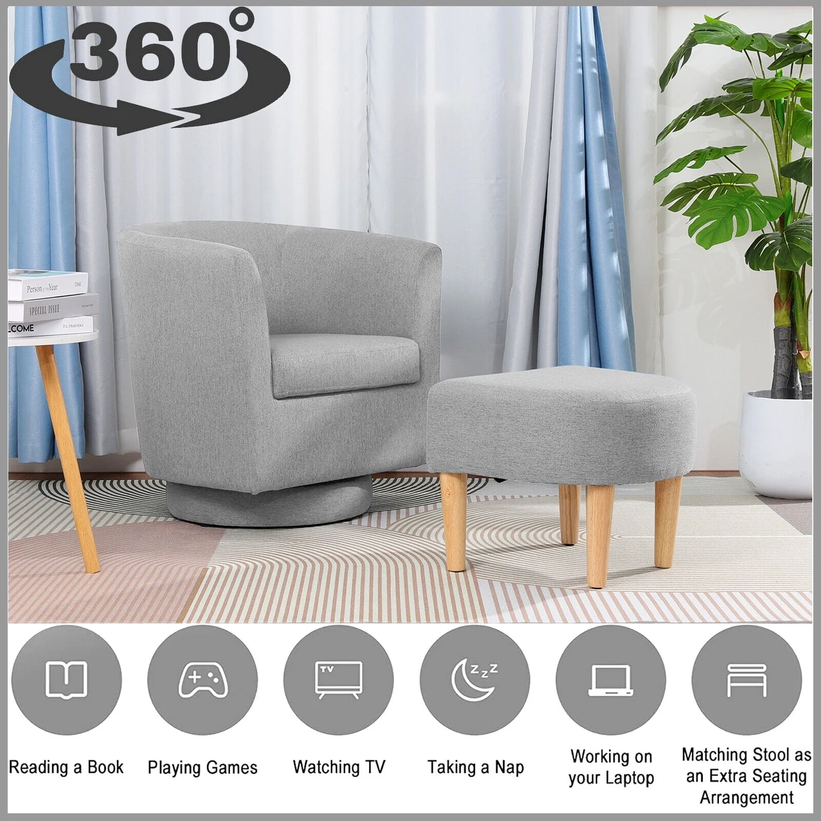 Dazone Swivel Armchair & Ottoman Set, Modern Accent Upholstered Single Sofa Chair With Footstool, 360°Rotating Armchair and Footrest Set, Club Tub Chair for Living Room Bedroom Reading Room,Gray