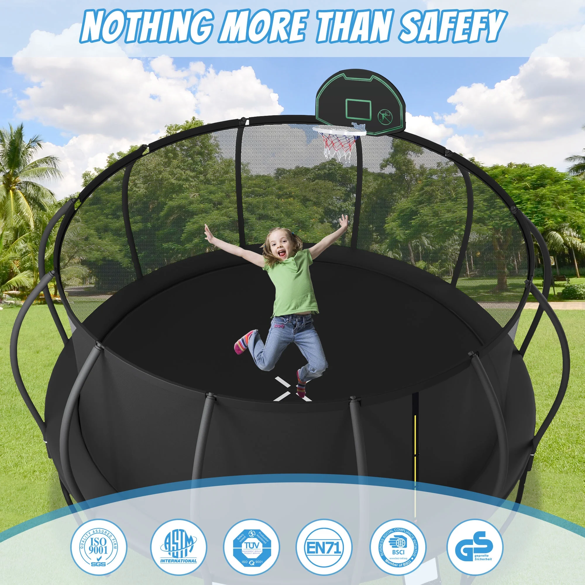 Soges 16FT Trampoline with Basketball Hoop for Kids and Adults Outdoor Trampoline with Ladder and Safety Enclosure Net Pumpkin Trampoline with Curved Poles Heavy Duty Recreational Trampoline 1500LBS