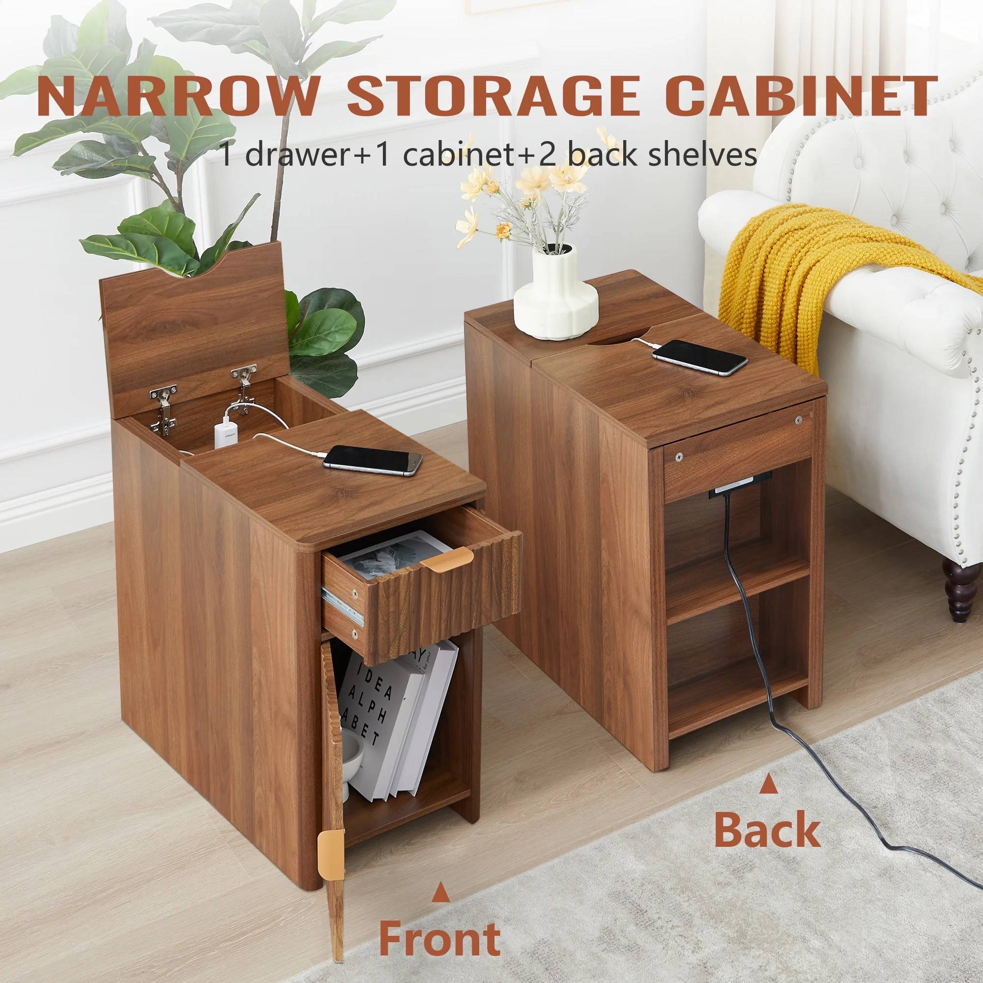 YOCWO Fluted Nightstand for Bedroom Set of 2 , Wood Bedside Table Set of 2 with Drawers, Black