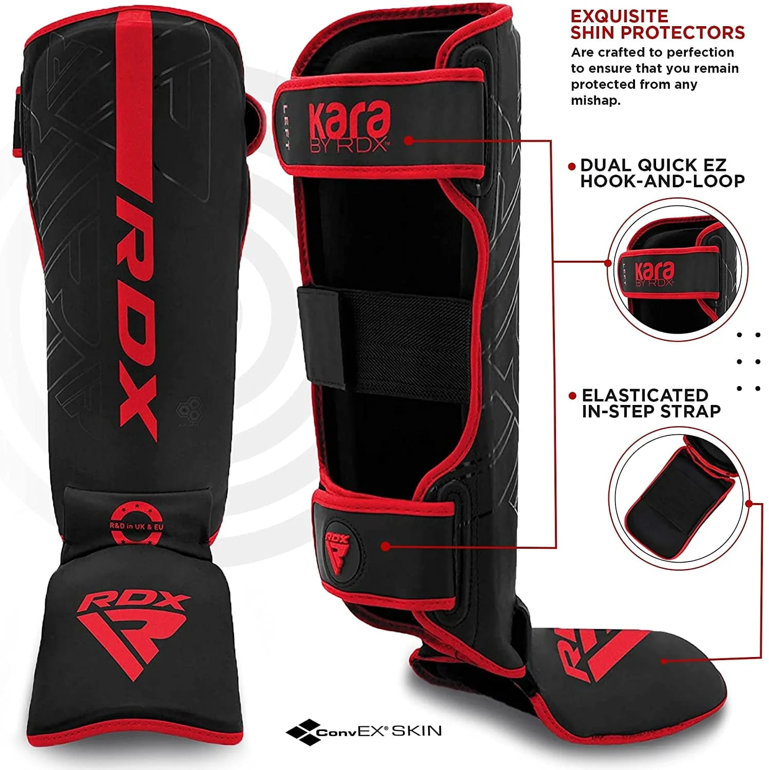 RDX Shin Guards for Kickboxing, Maya Hide Leather KARA Instep Foam Protection, Red