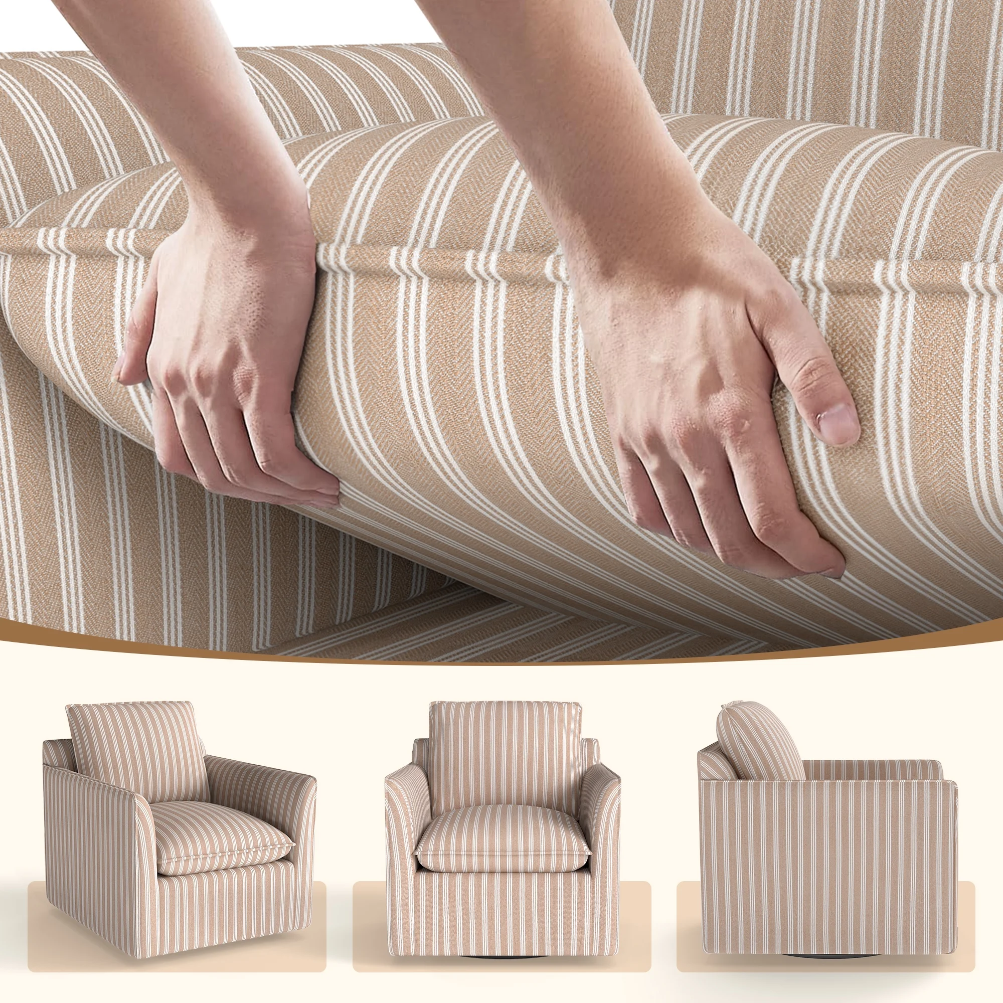 Bonzy Home 360�� Swivel Chair with Thick Cushion �C Blue Stripe Fabric Accent Chair for Living Room, Bedroom, Office �C Fully Assembled