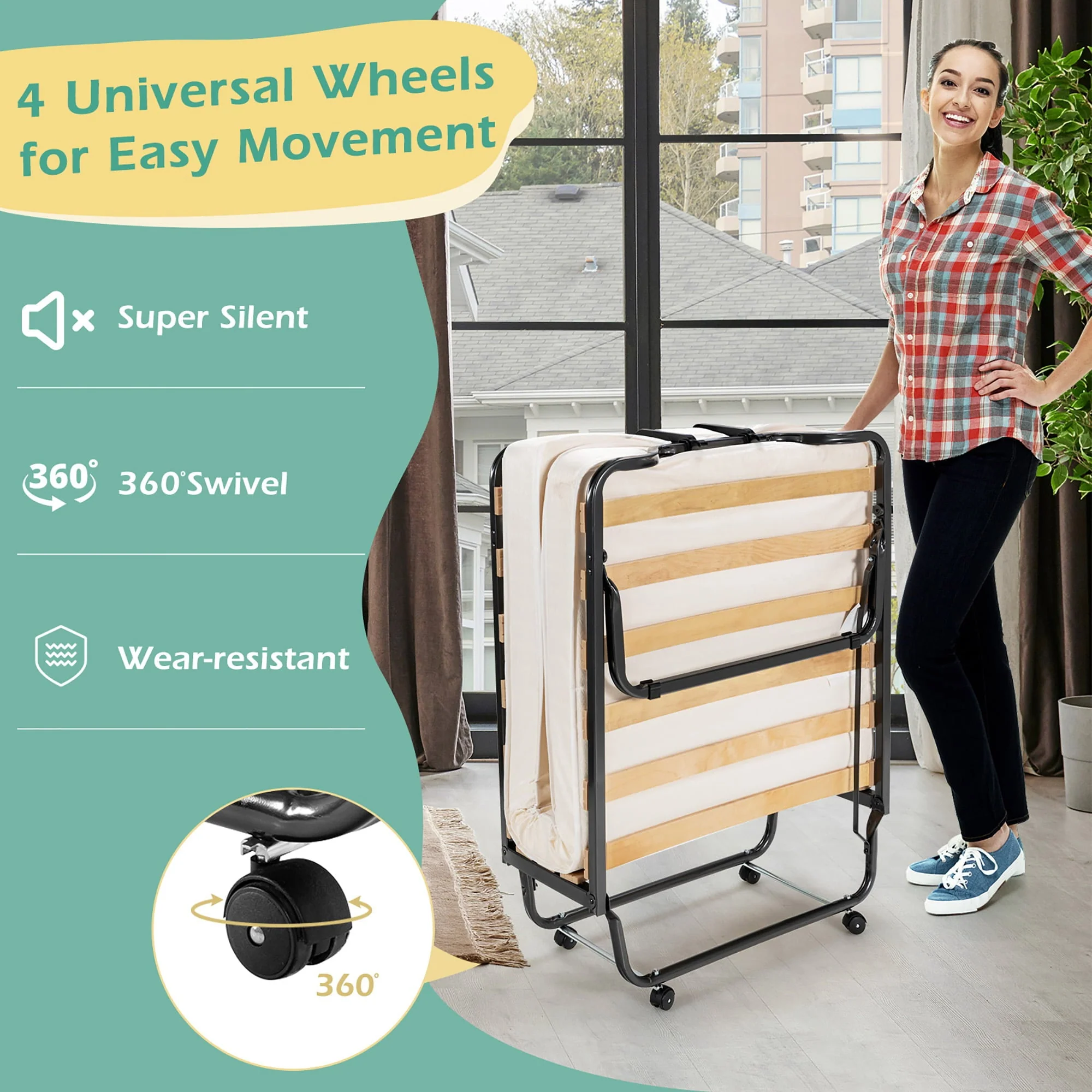 Gymax Portable Rollaway Guest Bed Folding Bed w/ Mattress Memory Foam & Dustproof Cover