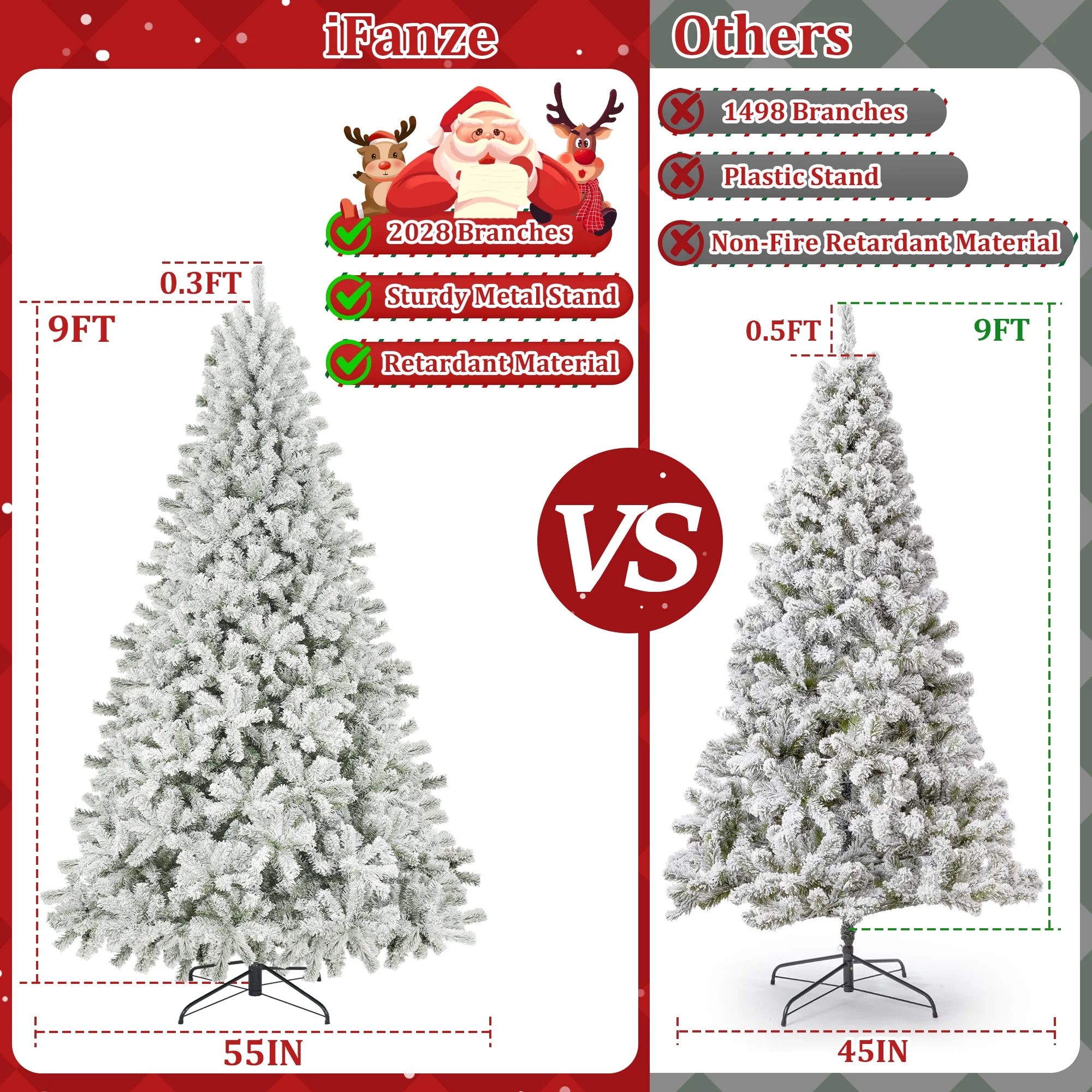 Qunler 9ft Snow Flocked Christmas Tree with 2028 Tips, Artificial Snowy Xmas Pine Tree with Reinforced Metal Base for Home Office Party Holiday Decorations ,White(NO Light)