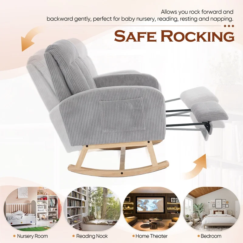 FFH Rocking Chair Nursery, Tufted Accent Rocker Chair, Upholstered Armchair with Adjustable Footrest, Side Pocket, High Backrest, Padded Seat, Polyester Blend (Retro, Dark Gray)