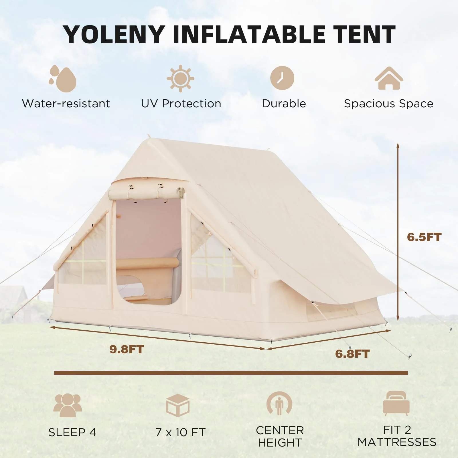 Yoleny 12'x8' Inflatable Tent, 96 SFT Blow Up Tent for Camping, 4 Season Oxford Glamping Tents with Clear Skylight, Pump & Stove Jack