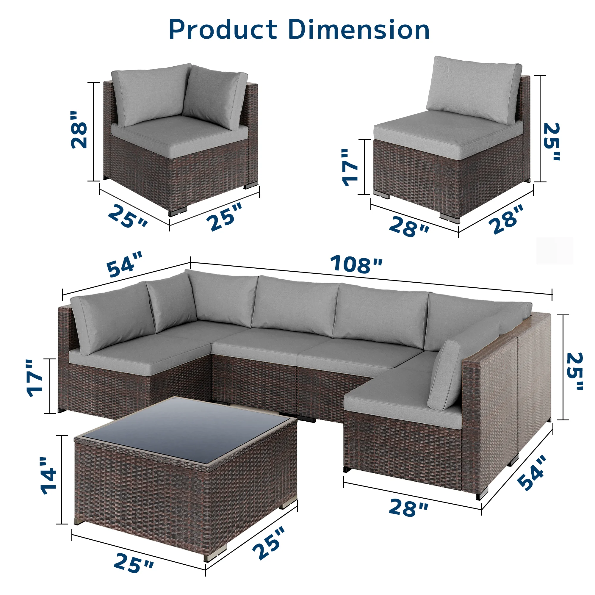 Patio Furniture Set, Lofka 7 Piece Outdoor Sectional Furniture Chair Set with Cushions and Coffee Table, Gray