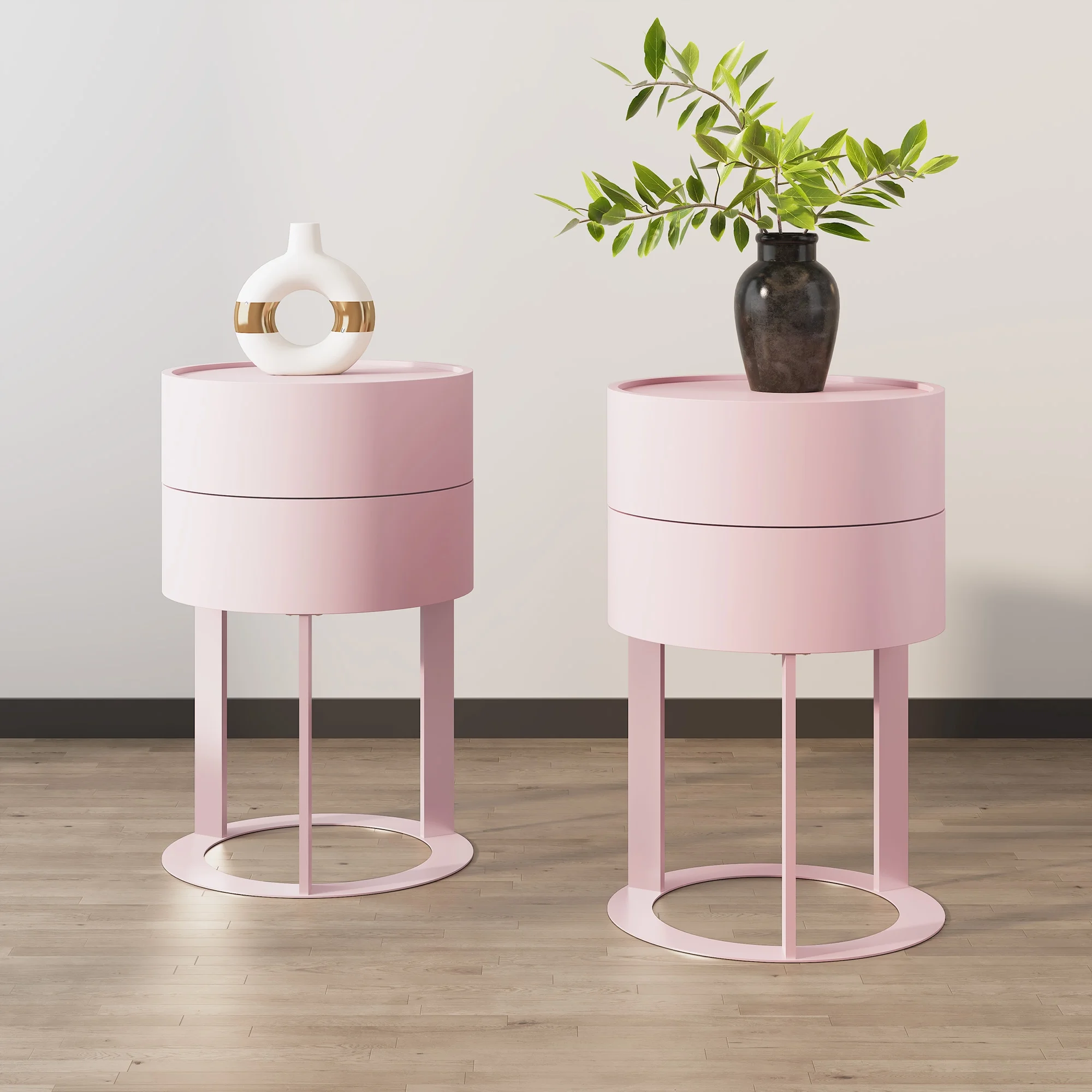 HLR Modern Round Wood Nightstand with Drawer, 2-Tier End Table for Living Room, Bedroom, Black